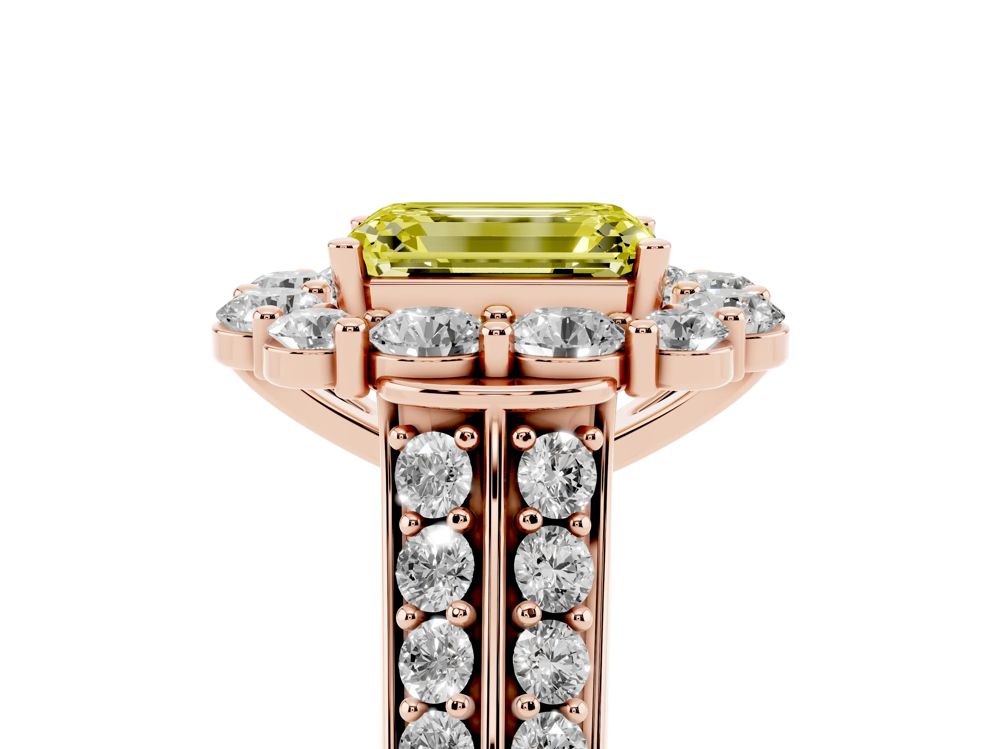 Fancy Yellow Emerald Cut Diamond Halo Engagement Ring Set in Rose gold with Split Shank and Prong Setting