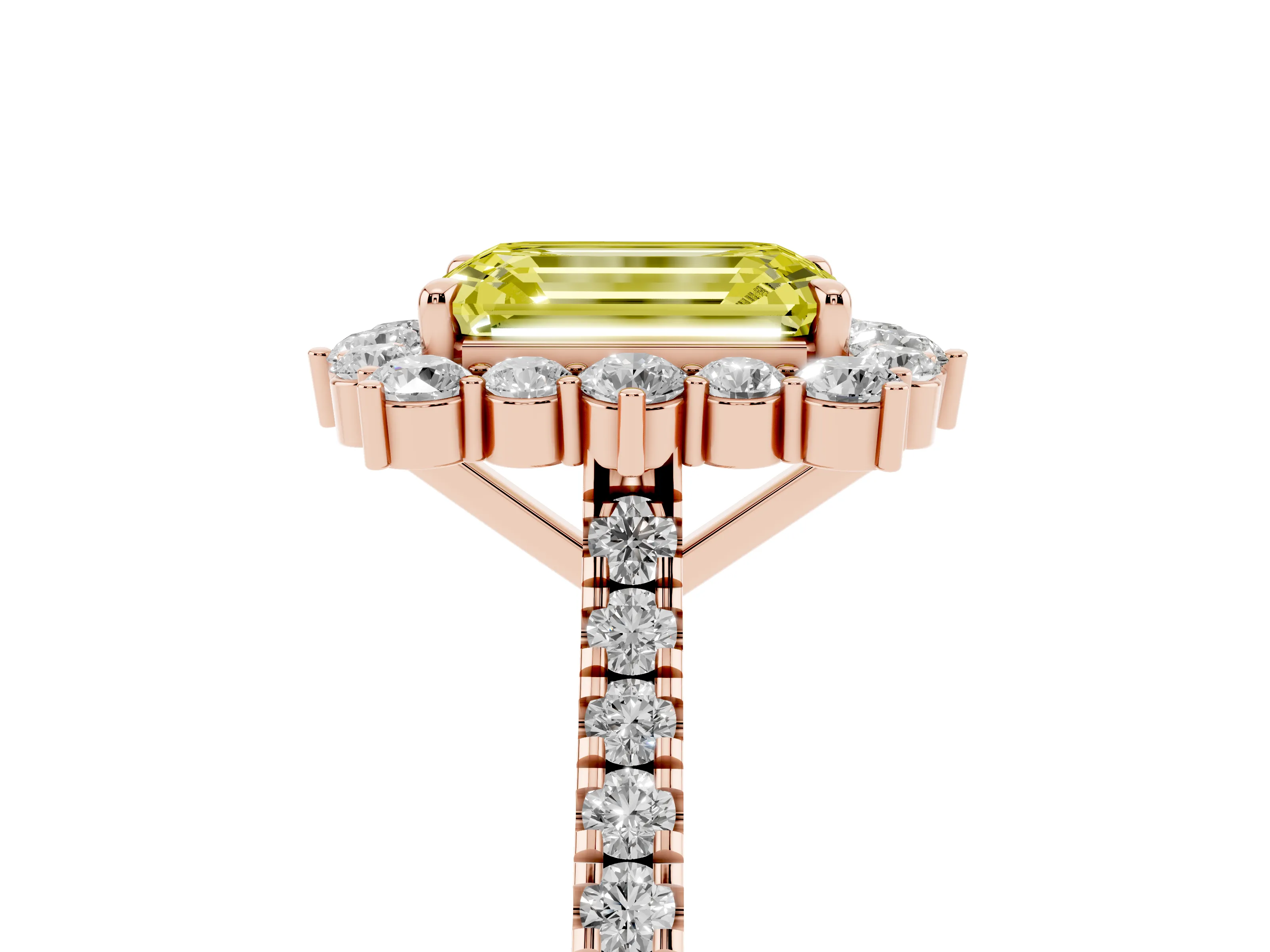 Fancy Yellow Emerald Cut Diamond Halo Ring Set in Rose gold with Pavé Band and Prong Setting