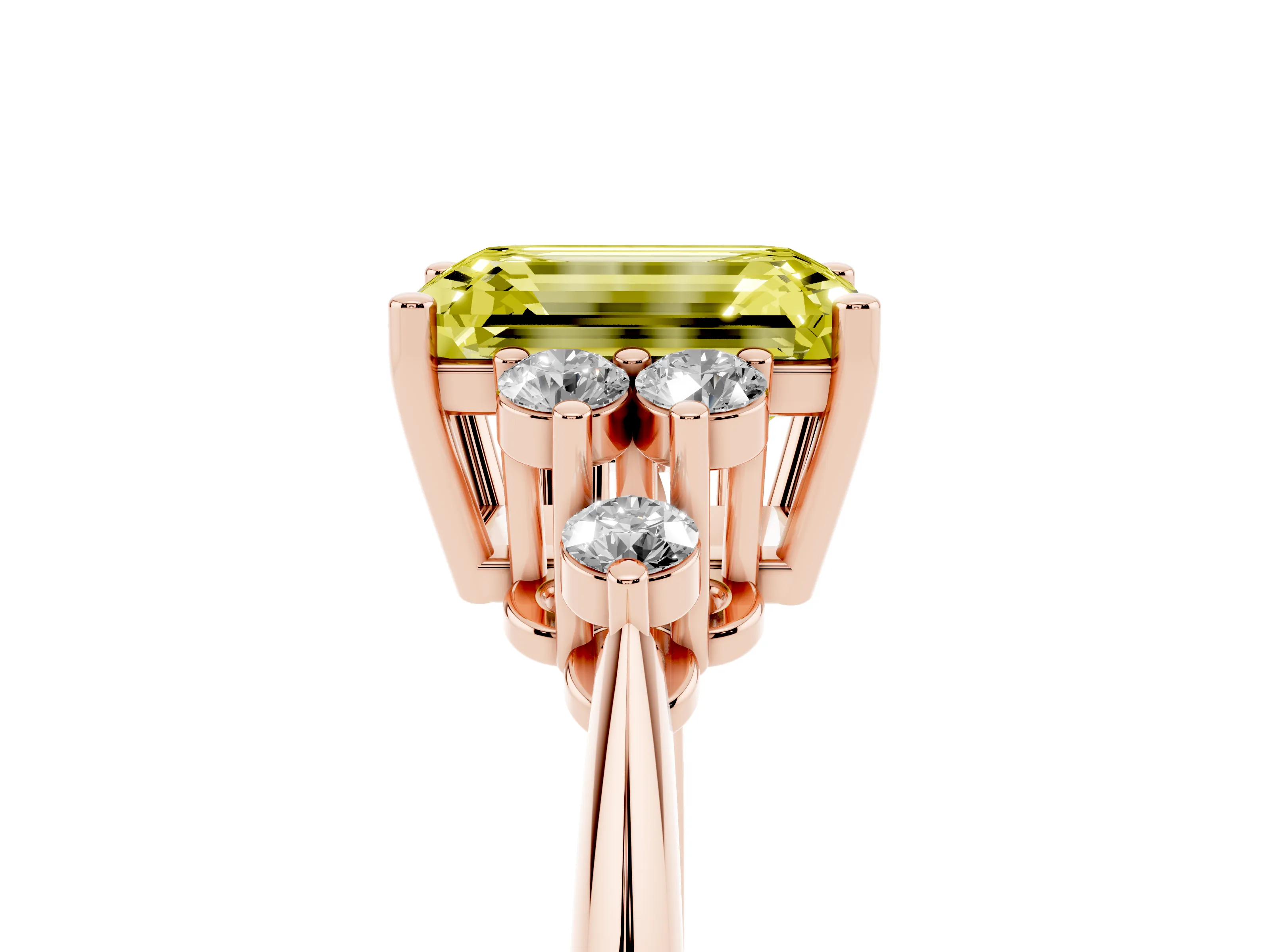 Fancy Yellow Emerald Cut Diamond Cluster Ring Set in Rose gold with Plain Band and Prong Setting