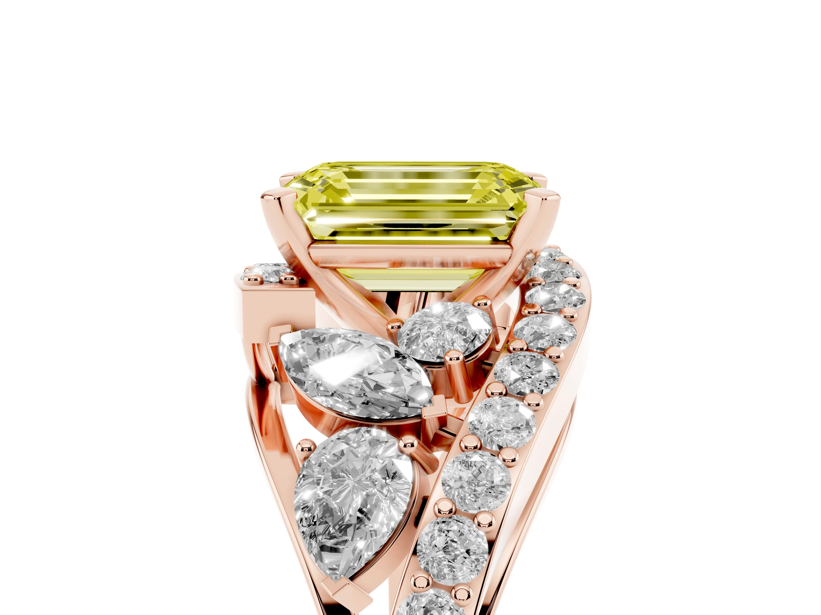 Fancy Yellow Emerald Cut Diamond Halo Ring Set in Rose gold with Marquise and Pavé Band in Prong Setting
