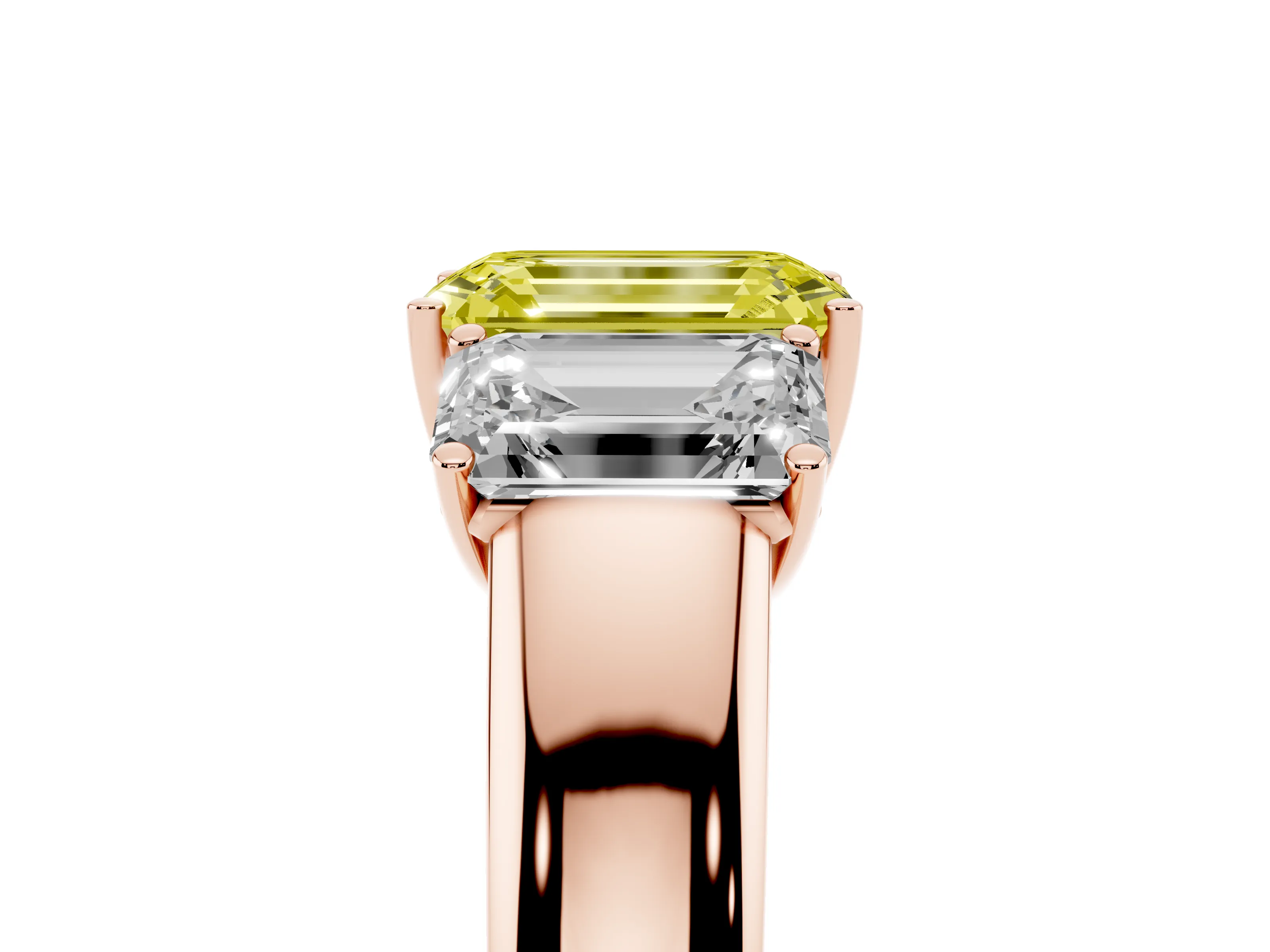 Fancy Yellow Three-Stone Emerald Cut Diamond Ring Set in Rose gold with Matching Prong Settings and Plain Band