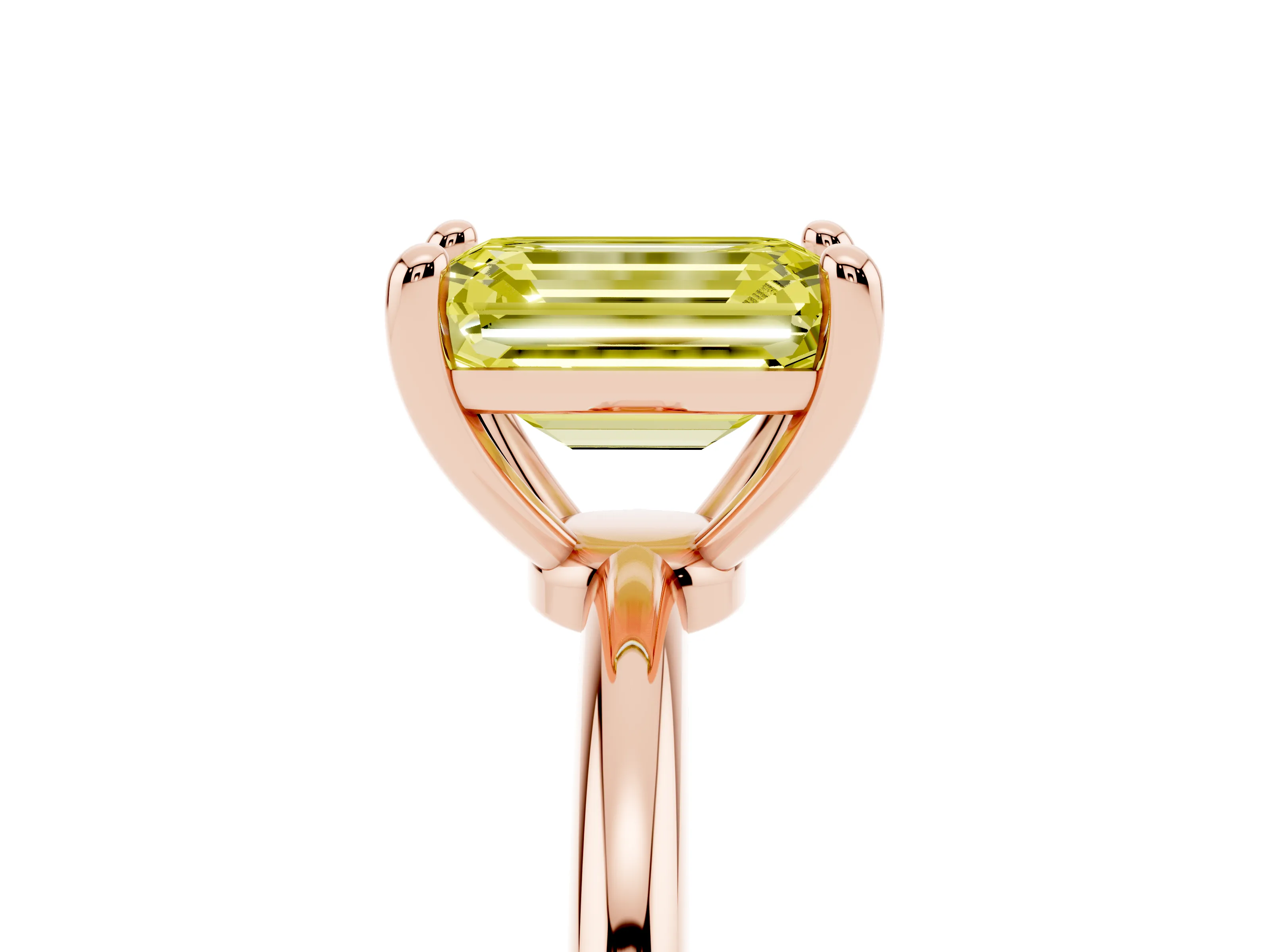 Fancy Yellow Emerald Cut Diamond Solitaire Ring Set in Rose gold with Secure Prong Setting on a Classic Band