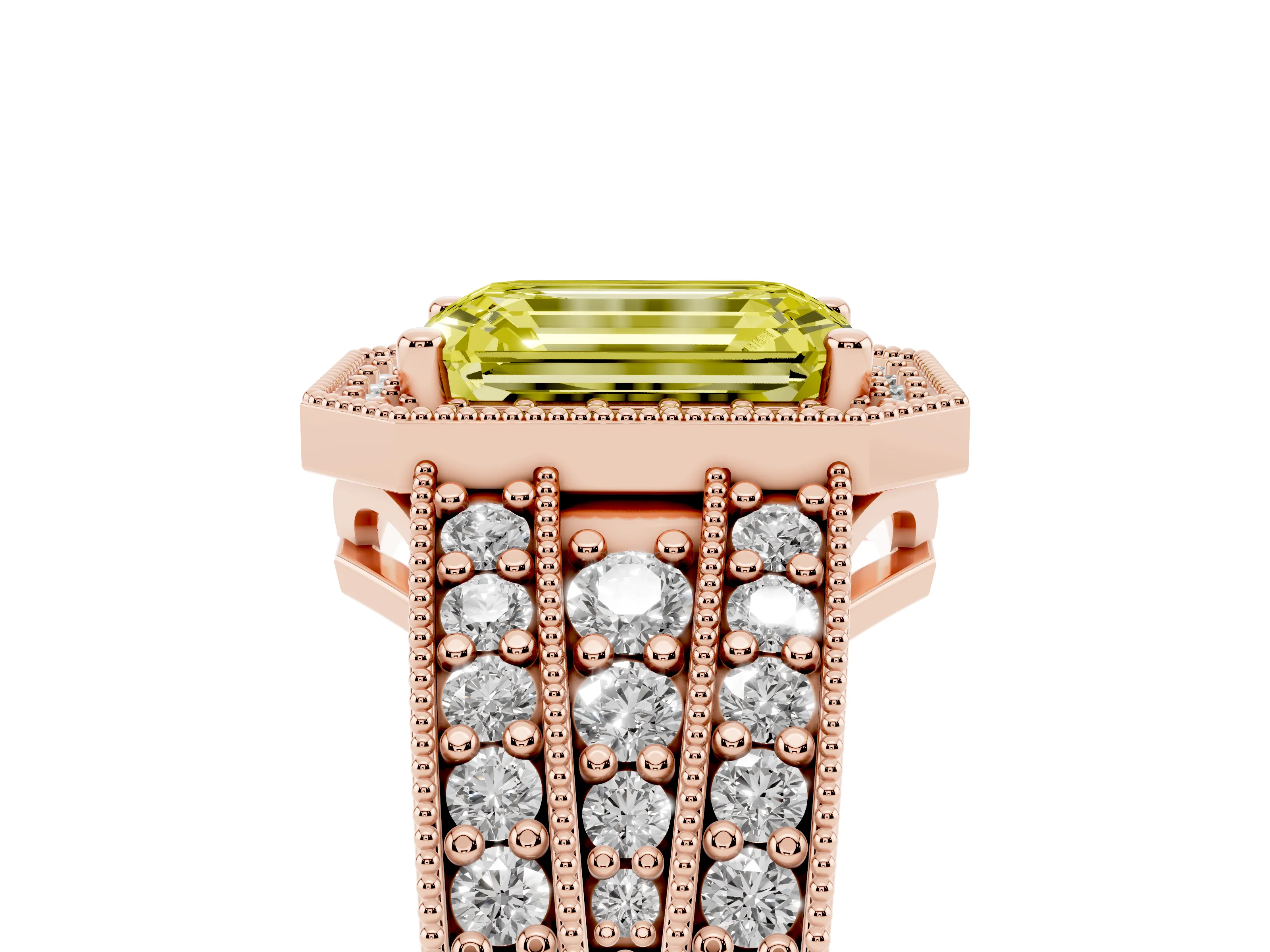 Fancy Yellow Emerald Cut Diamond Halo Ring Set in Rose gold with Accent Split Shank and Prong Setting