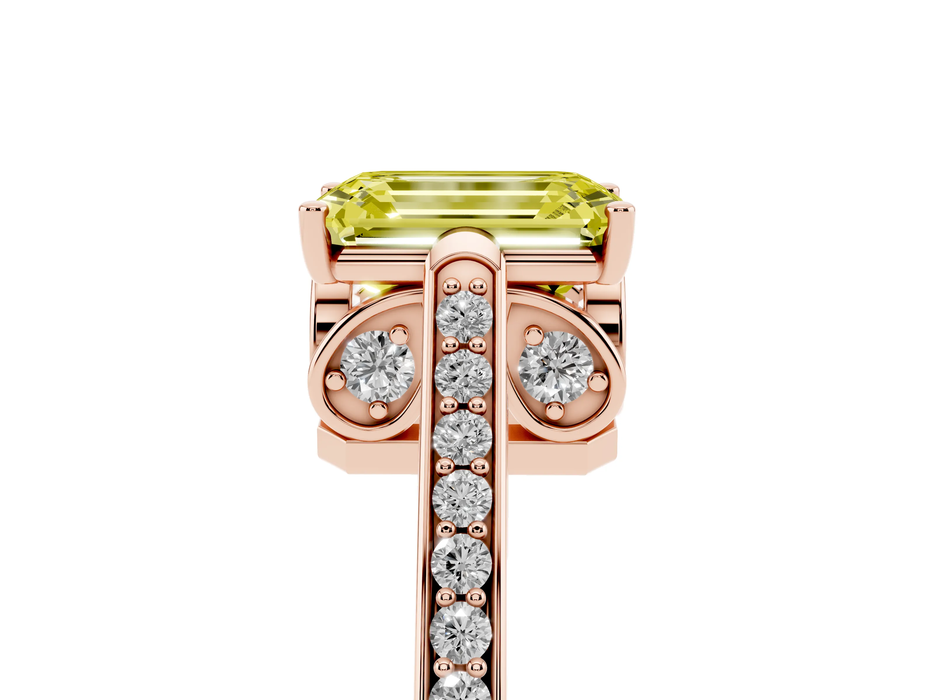 Fancy Yellow Emerald Cut Diamond Cathedral Pavé Engagement Ring Set in Rose gold with Prong Setting