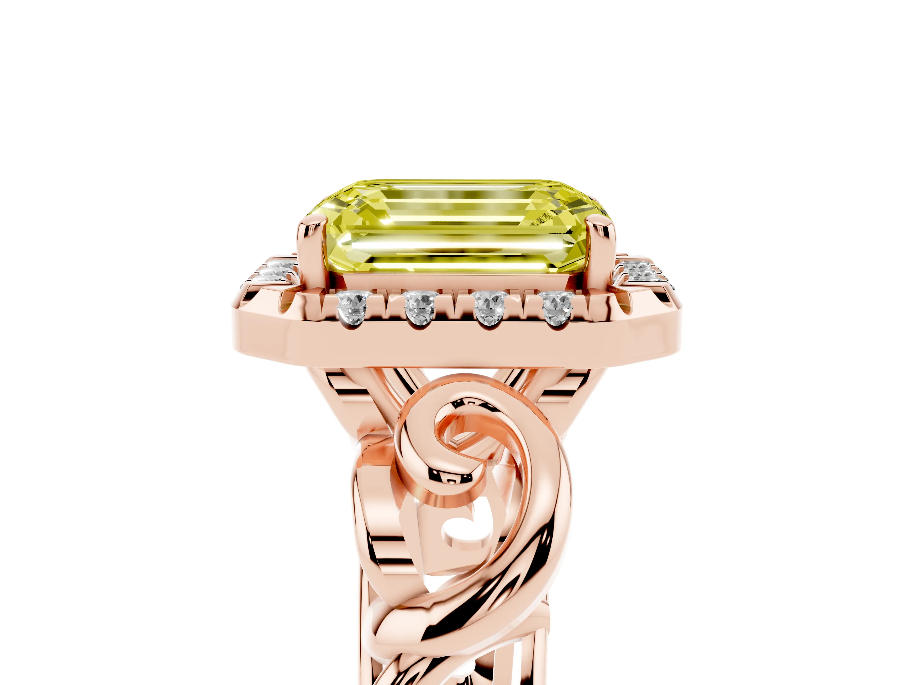 Fancy Yellow Emerald Cut Diamond Halo Ring Set in Rose gold with Scrollwork Band and Prong Setting