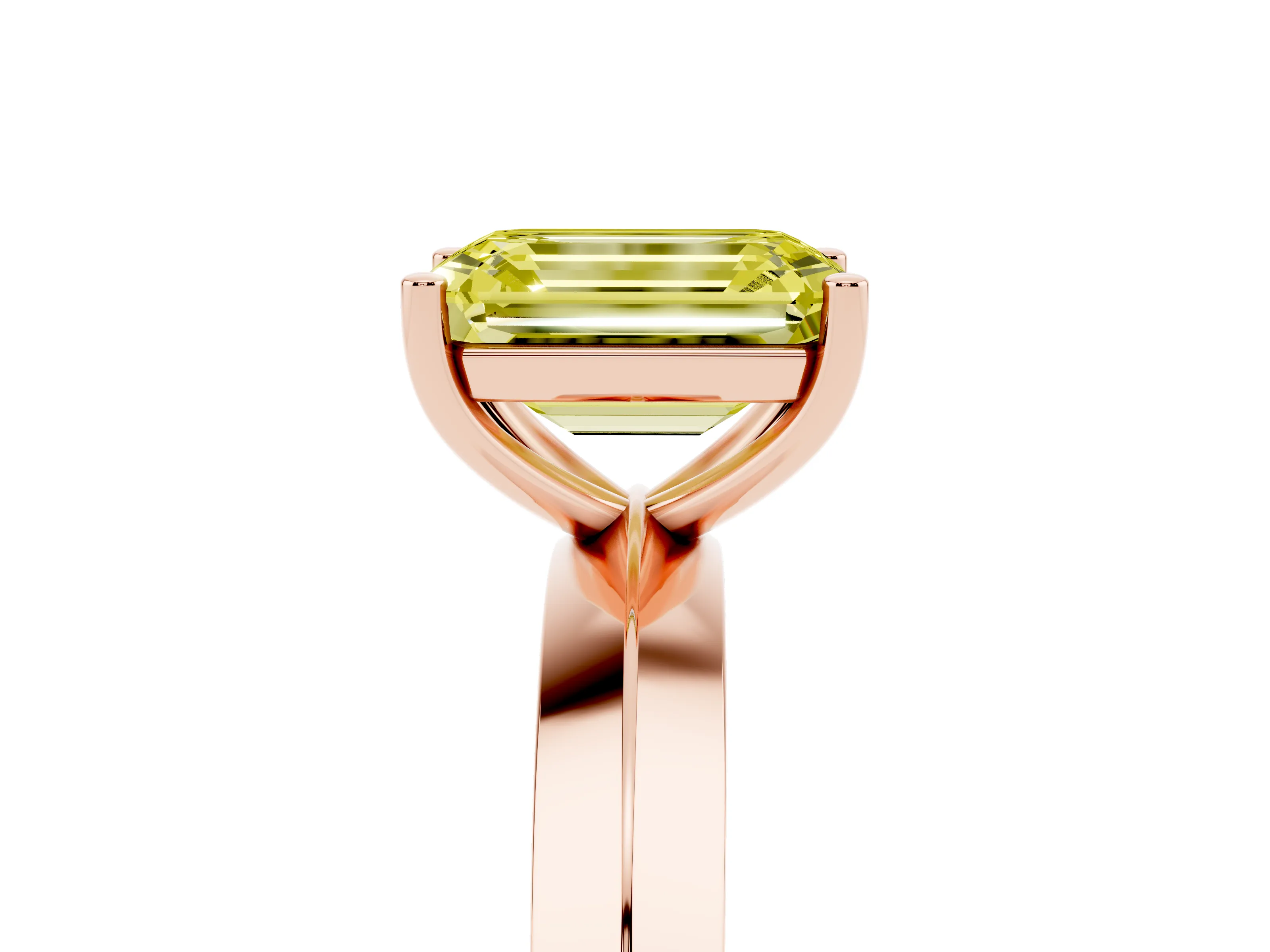 Fancy Yellow Emerald Cut Diamond Solitaire Engagement Ring Set in Rose gold with Flat Band and Prong Setting