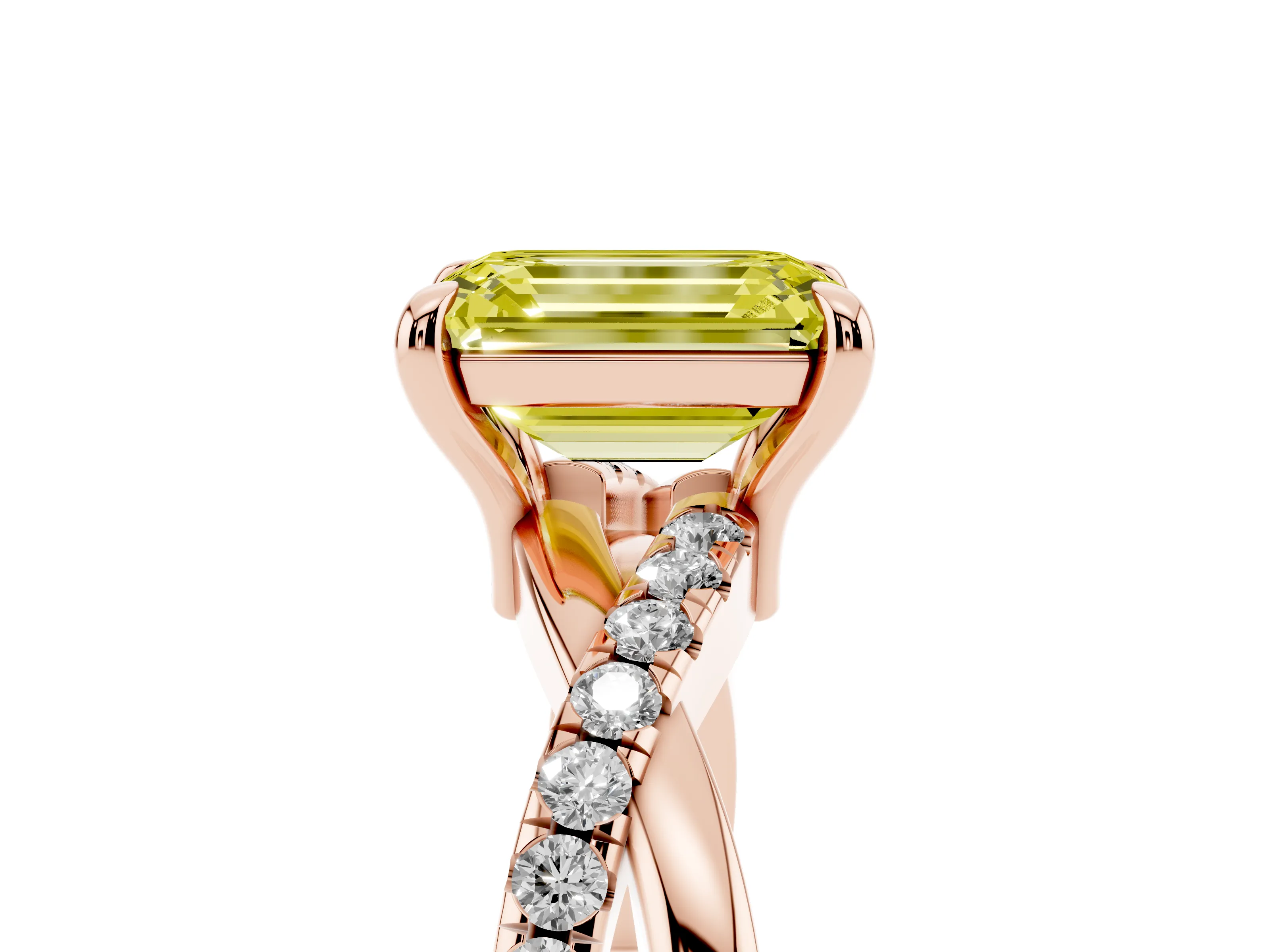 Fancy Yellow Emerald Cut Diamond Twist Band Pavé Solitaire Ring Set in Rose gold with Prong Setting