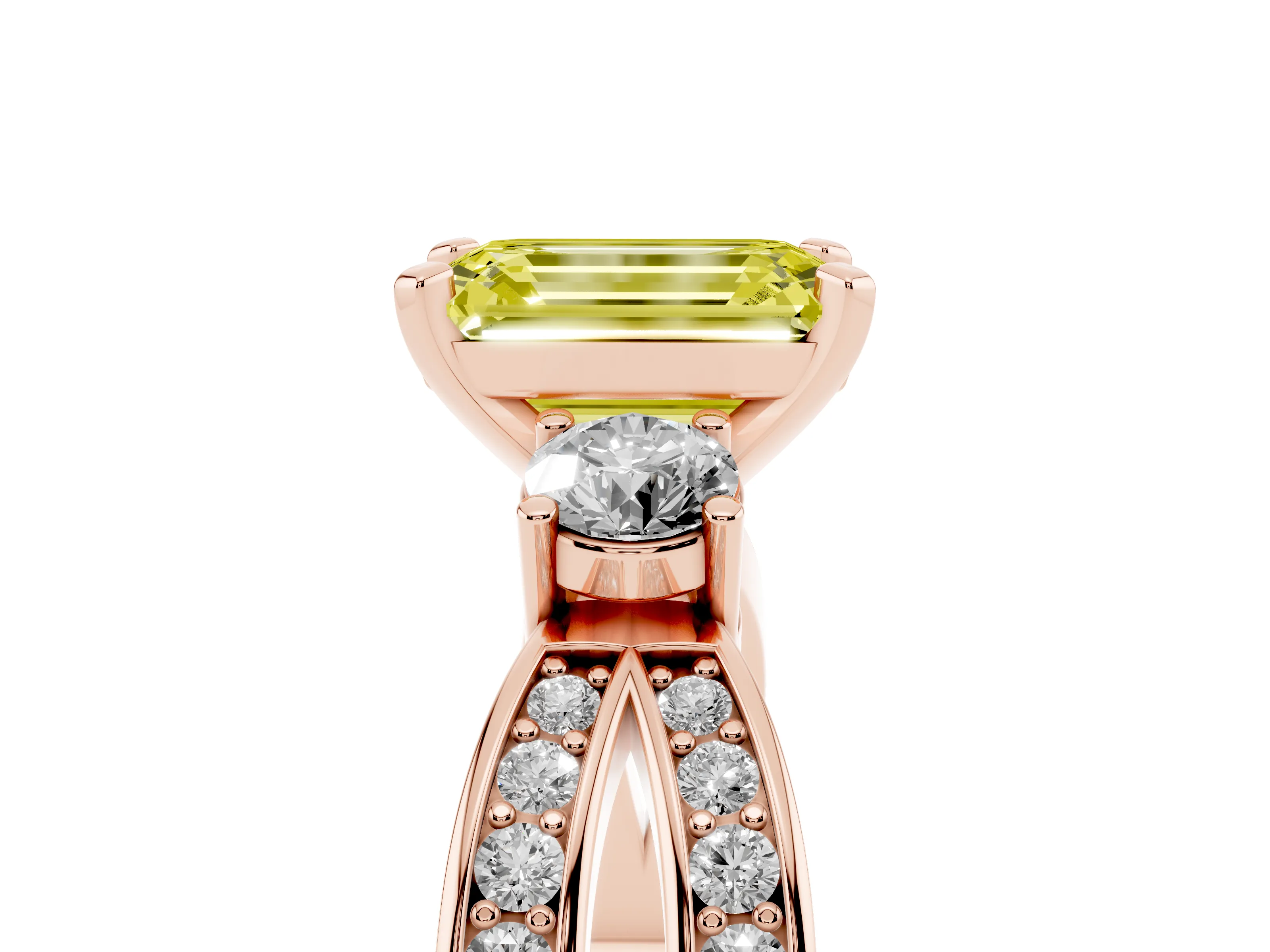 Fancy Yellow Three-Stone Emerald Cut Diamond Twist Band Ring Set in Rose gold with Pavé Accents and Prong Setting