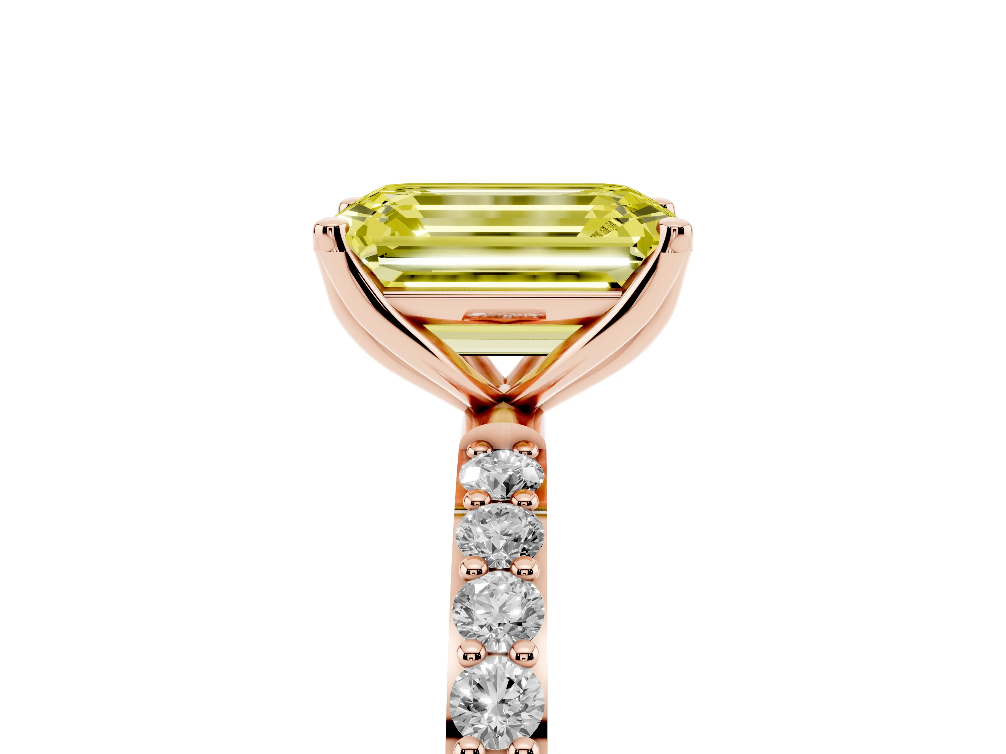 Fancy Yellow Emerald Cut Diamond Solitaire Engagement Ring Set in Rose gold with Round Pavé Band and Prong Setting