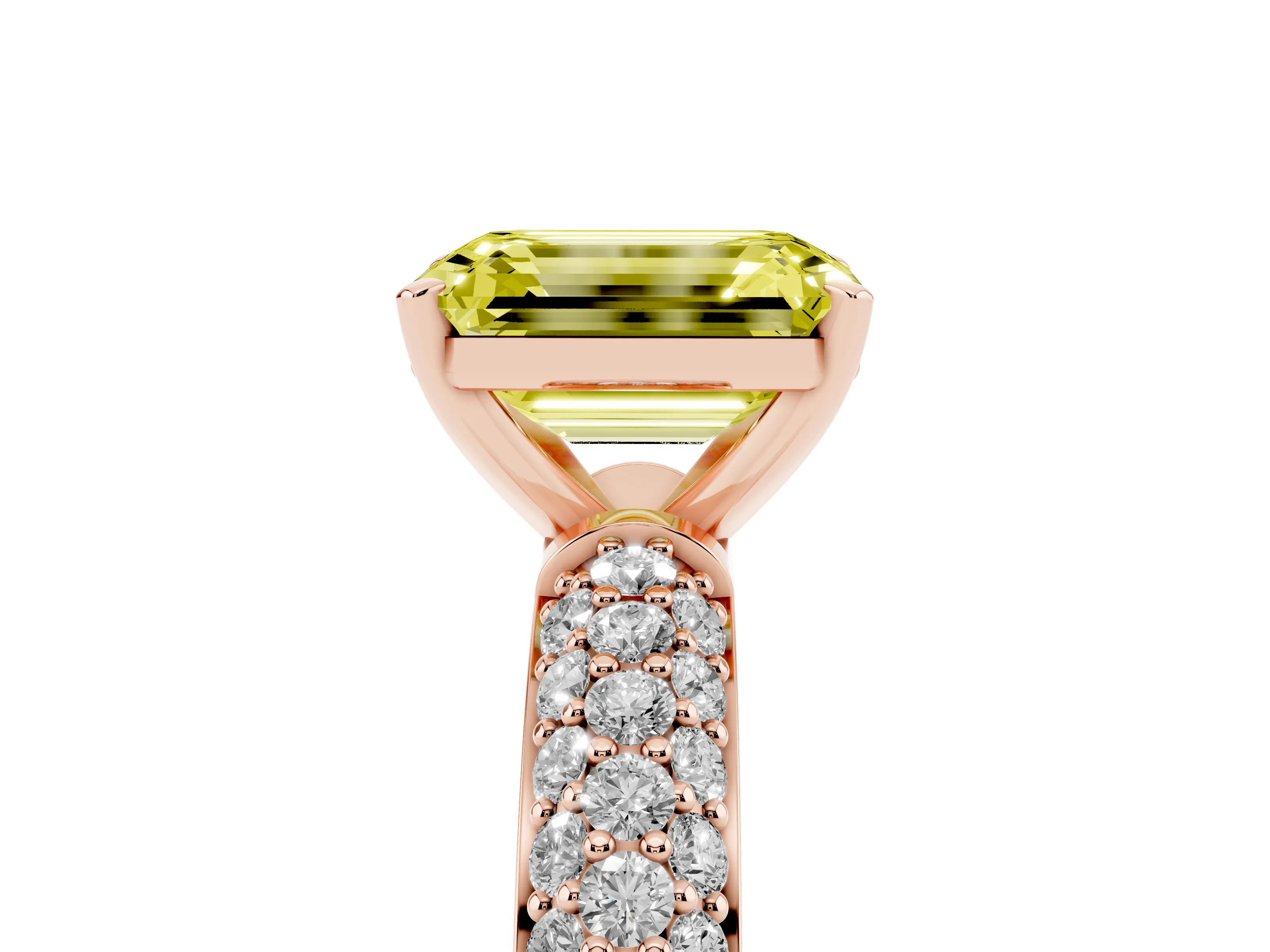 Fancy Yellow Emerald Cut Diamond Solitaire Ring Set in Rose gold with Prong Setting and Pavé-Set Band