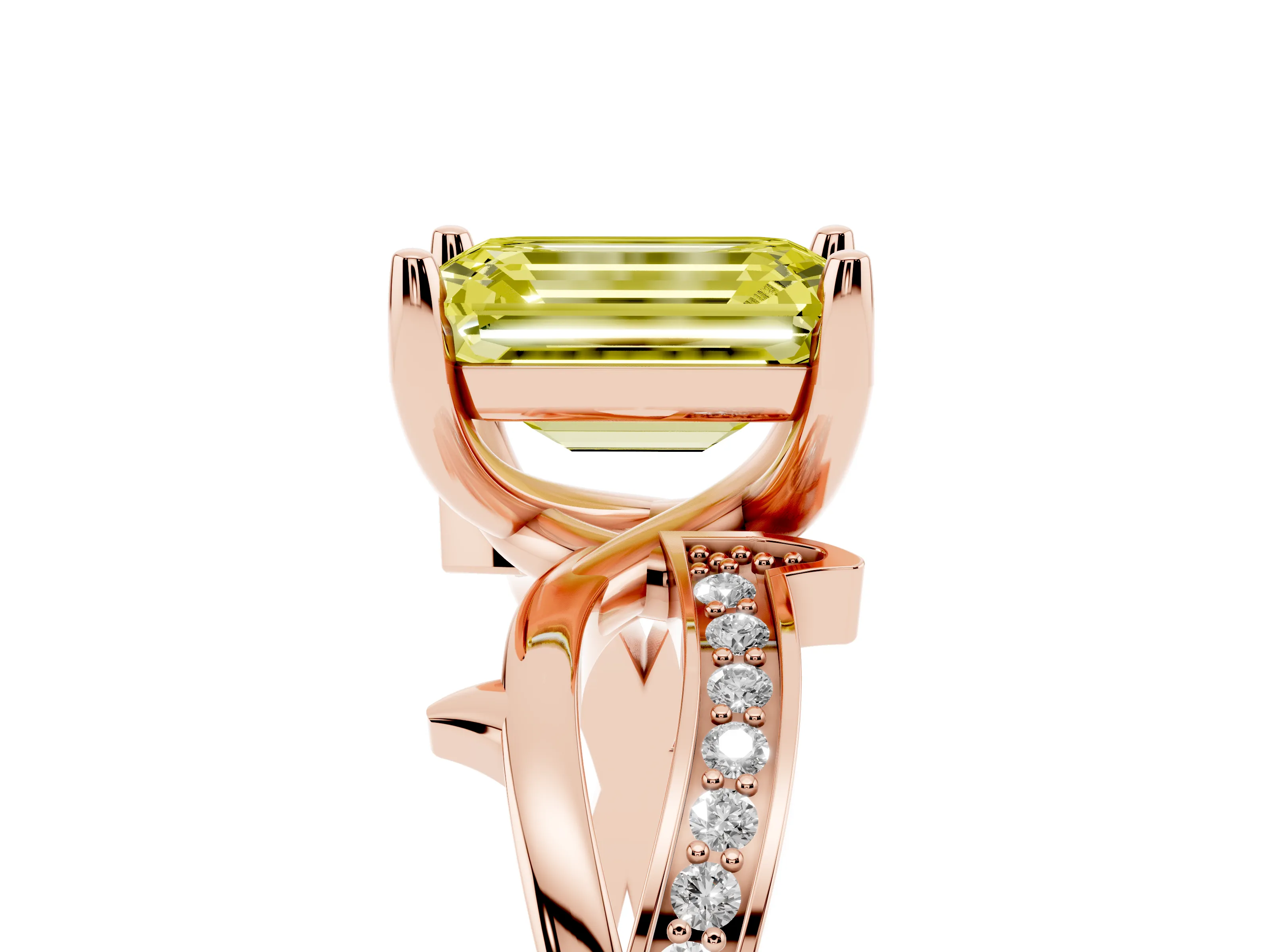 Fancy Yellow Emerald Cut Diamond Pavé Twist Band Solitaire Ring Set in Rose gold with Prong Setting