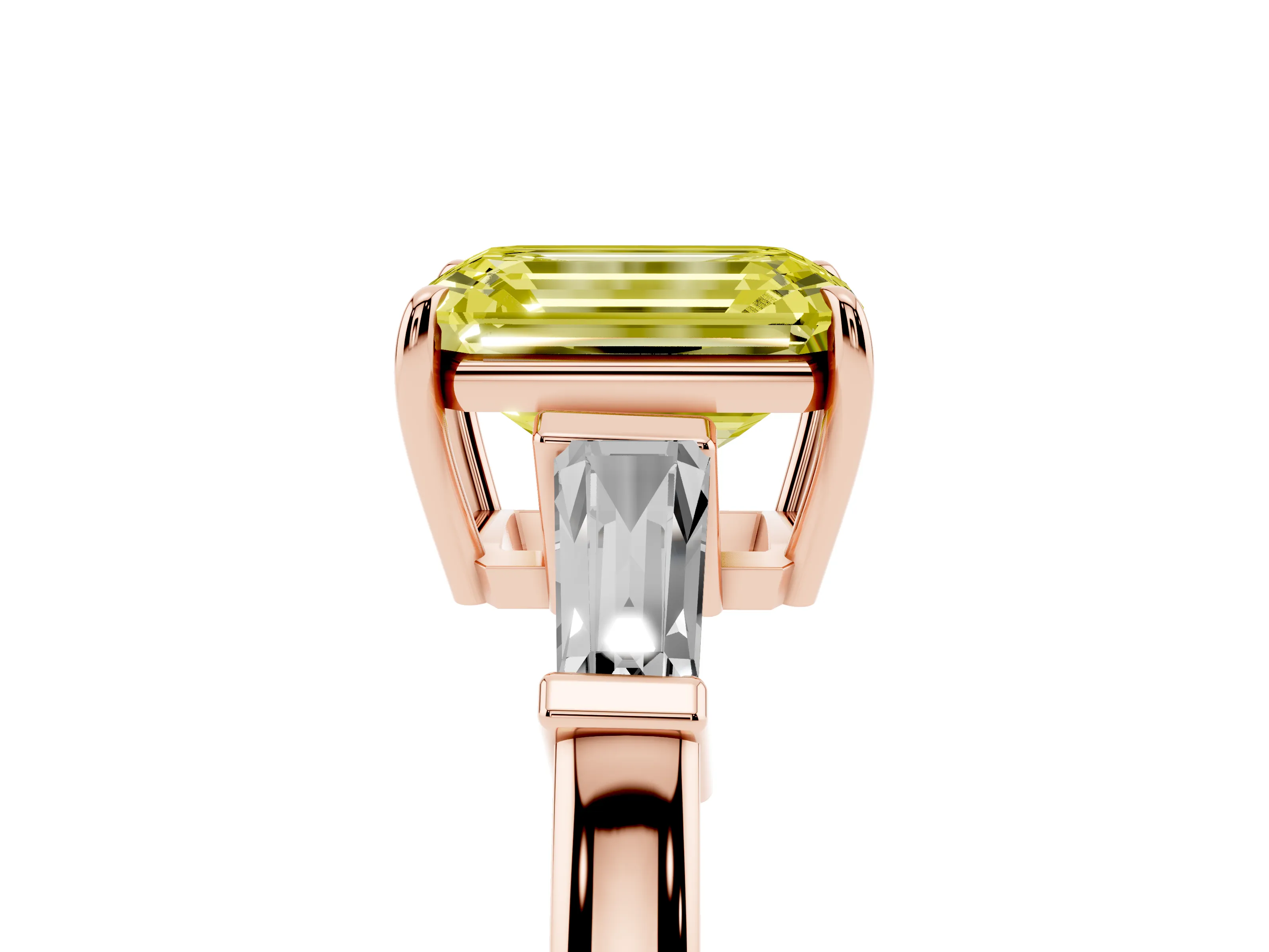 Fancy Yellow Emerald Cut Diamond Three-Stone Ring Set in Rose gold with Tapered Baguette Side Stones and Prong Setting