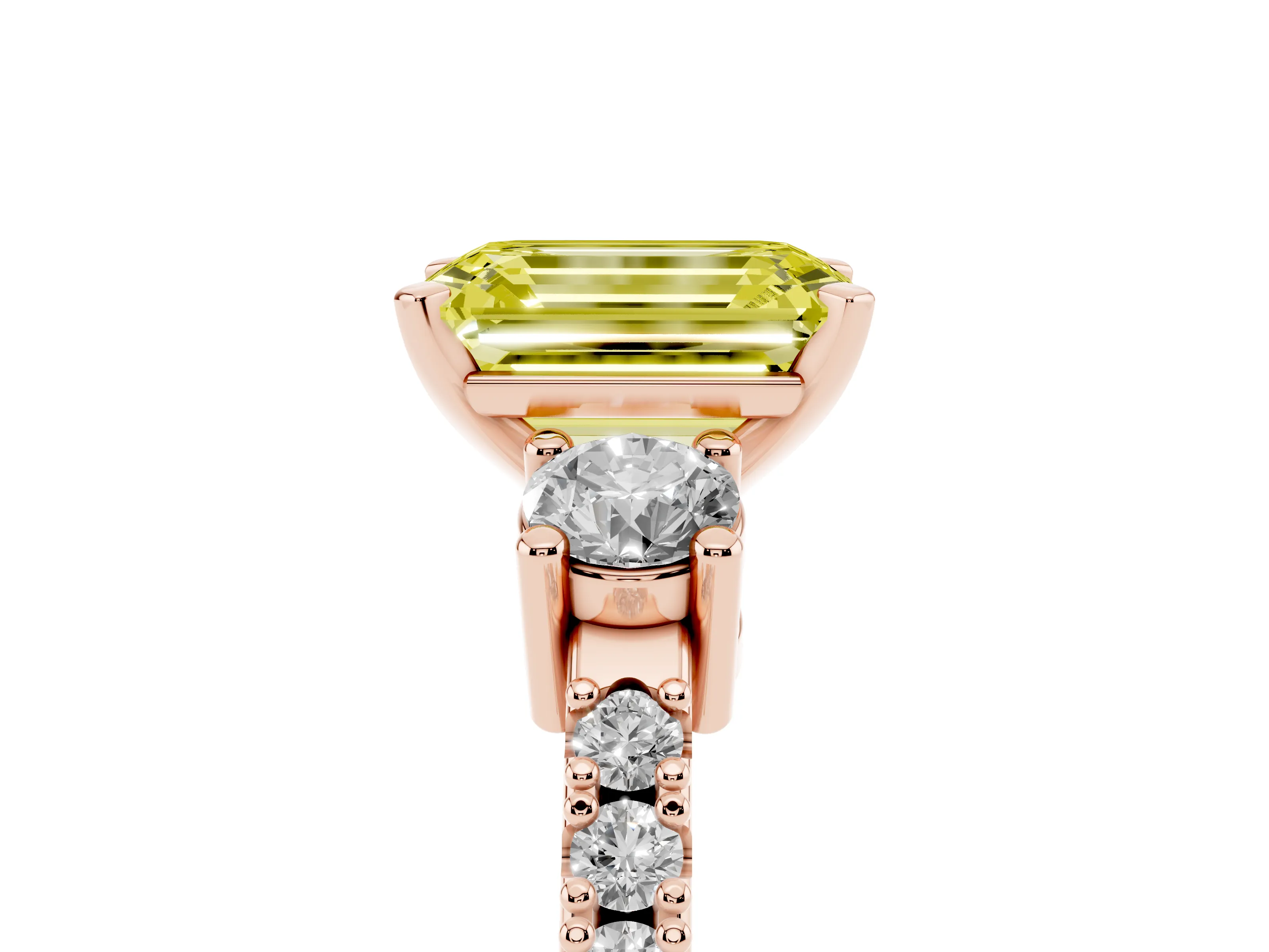 Fancy Yellow Three-Stone Emerald Cut Diamond Pavé Band Ring Set in Rose gold with Prong Setting