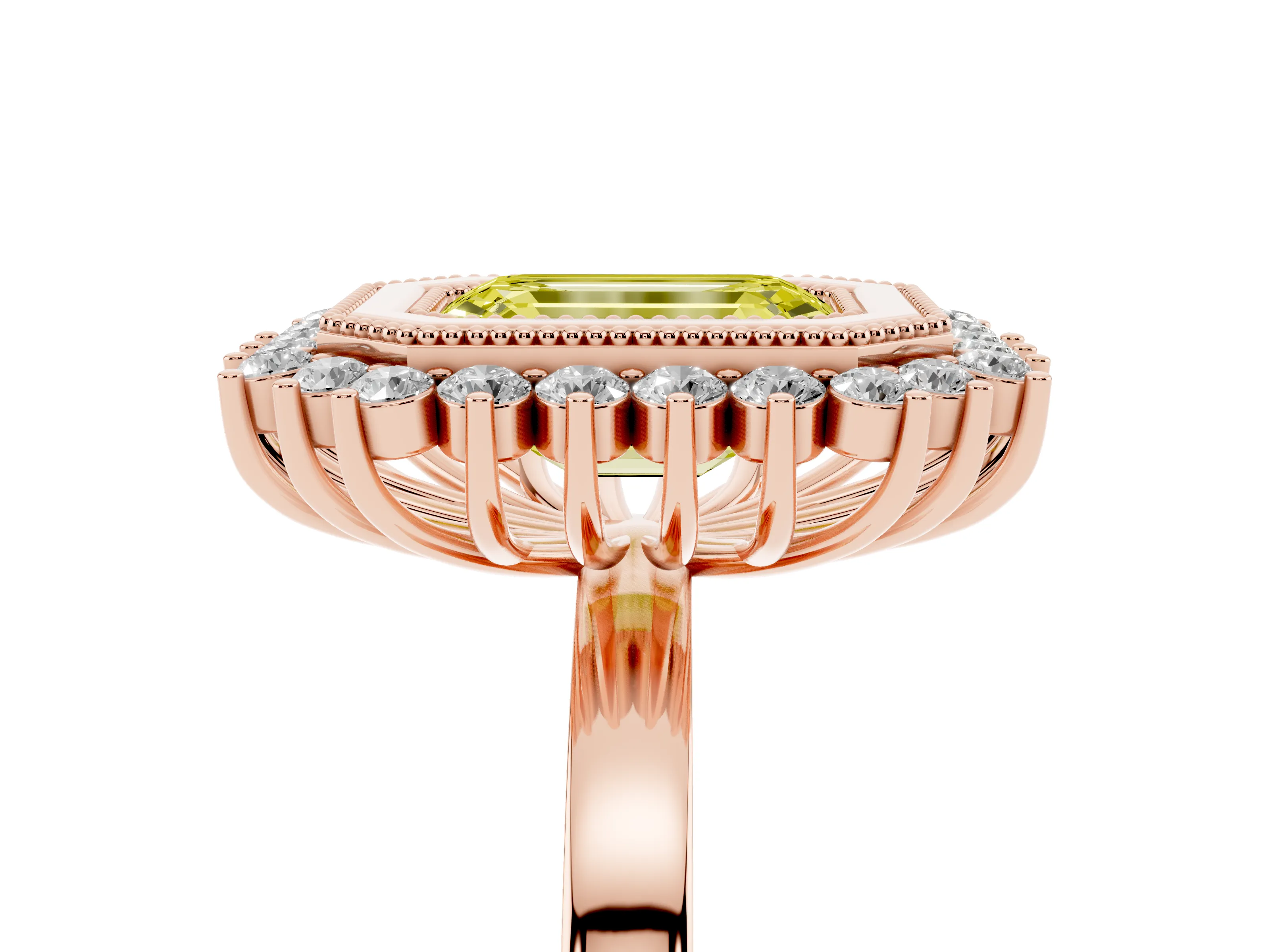 Fancy Yellow Emerald Cut Diamond Halo Ring Set in Rose gold with Milgrain Edge and Round Prong Setting