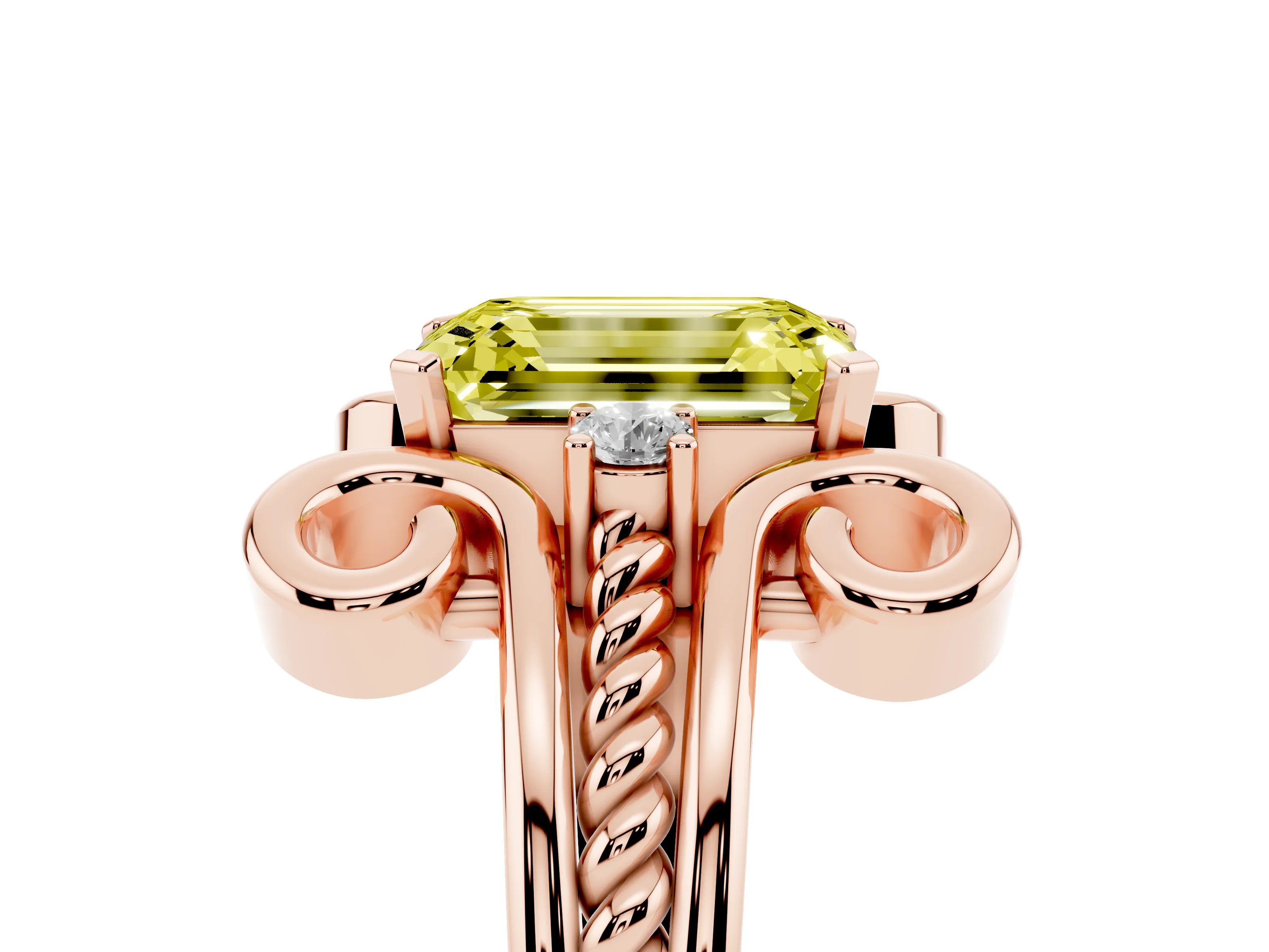 Fancy Yellow Emerald Cut Diamond Twisted Band Solitaire Ring Set in Rose gold with Scroll Prongs