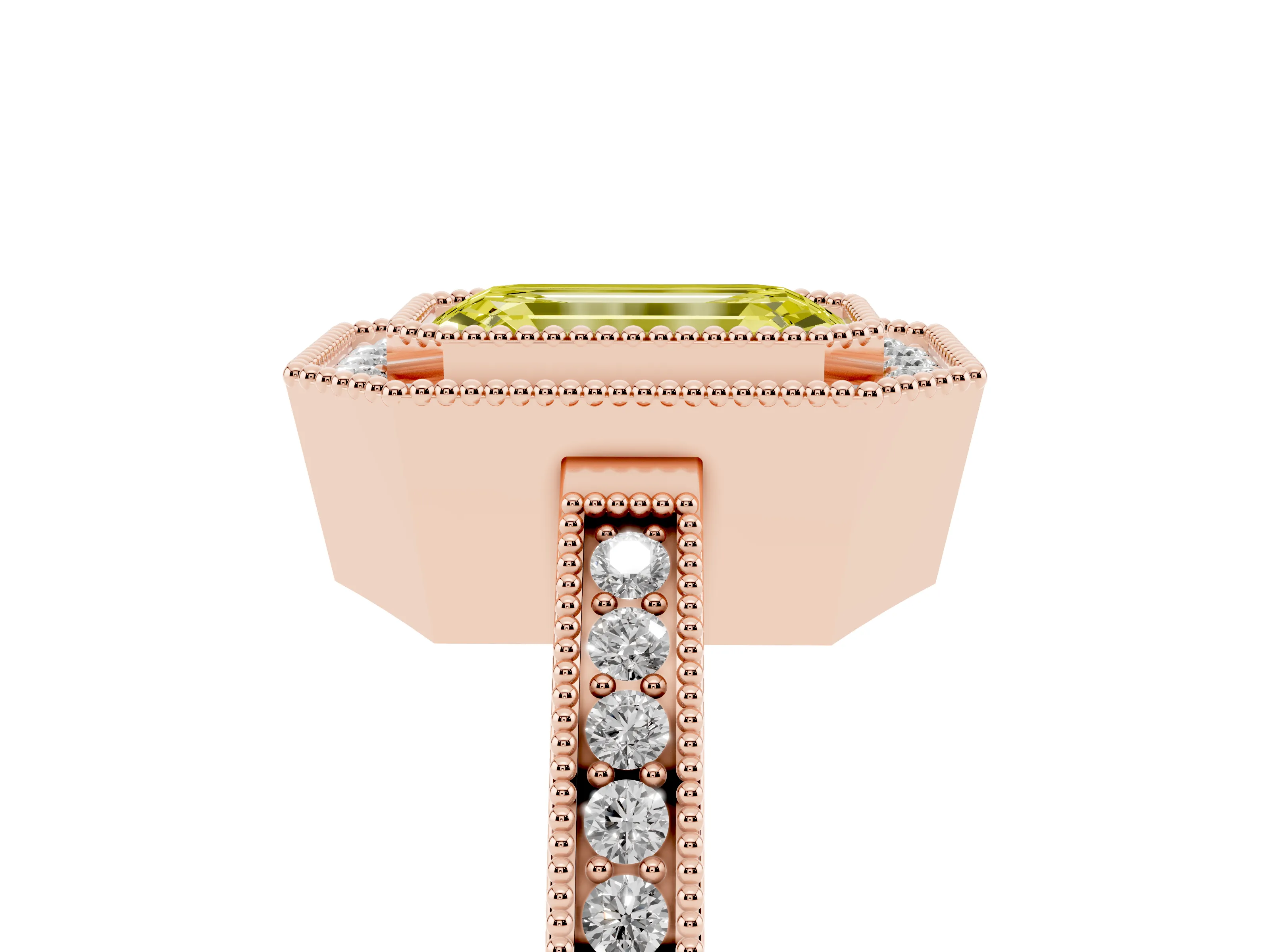 Fancy Yellow Emerald Cut Diamond Halo Ring Set in Rose gold with Pavé Band and Milgrain-Edged Prongs