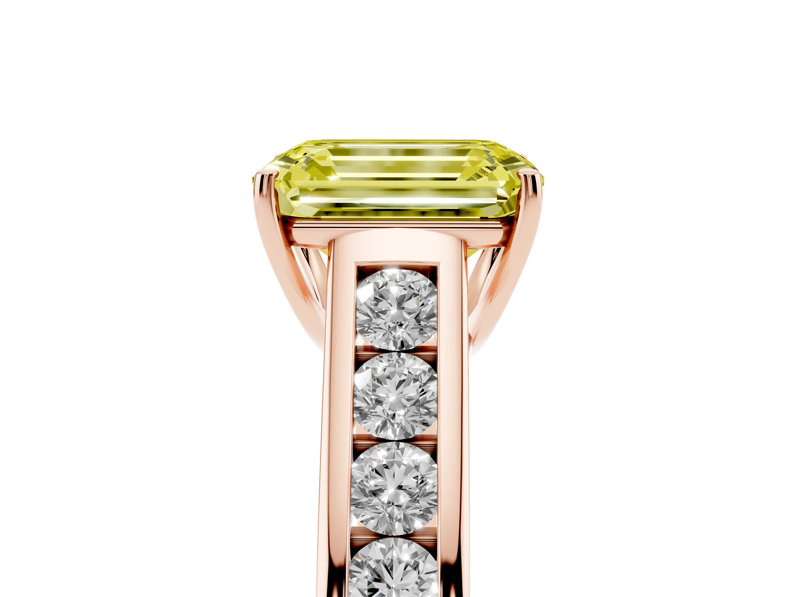 Fancy Yellow Emerald Cut Diamond Solitaire Channel-Set Engagement Ring Set in Rose gold with Prong Setting