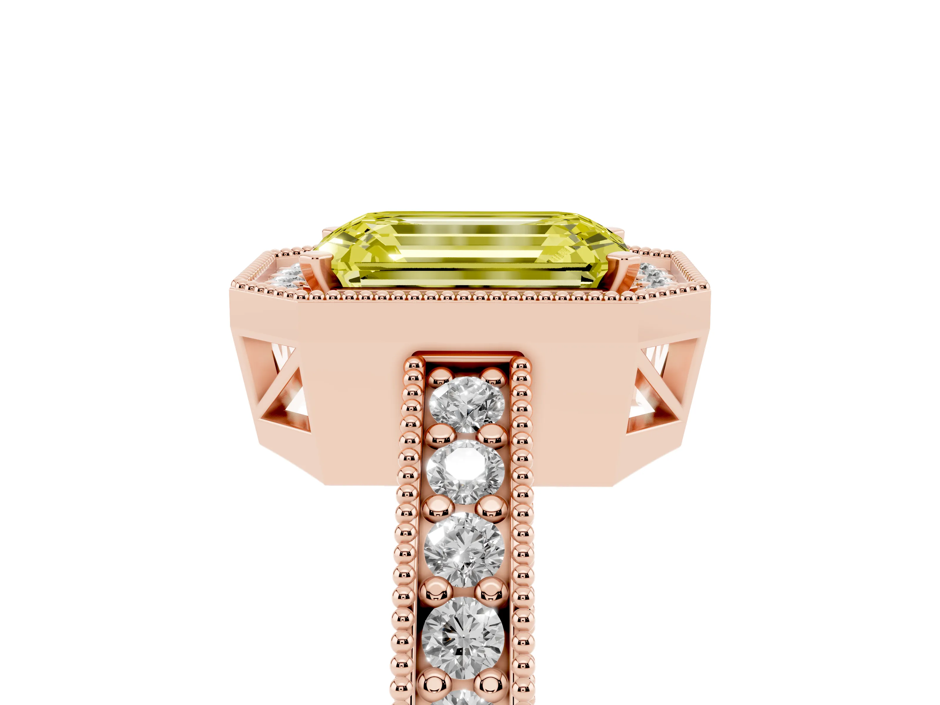 Fancy Yellow Emerald Cut Diamond Halo Pavé Band Ring Set in Rose gold with Prong-Set Center