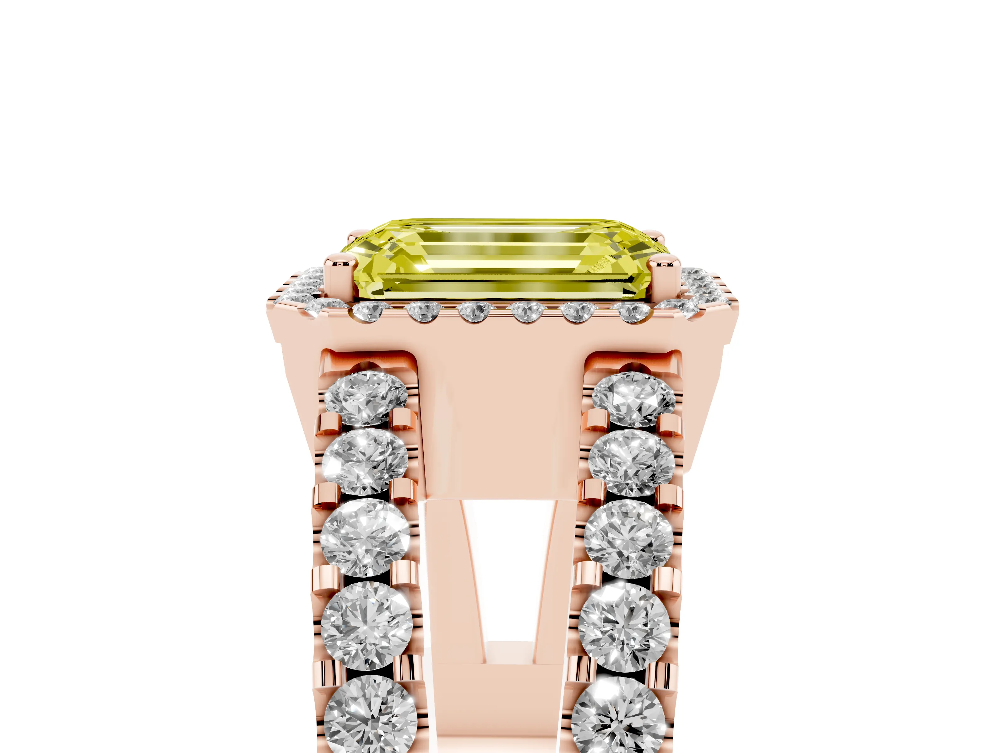 Fancy Yellow Emerald Cut Diamond Halo Ring Set in Rose gold with Pavé Split Shank and Prong Setting