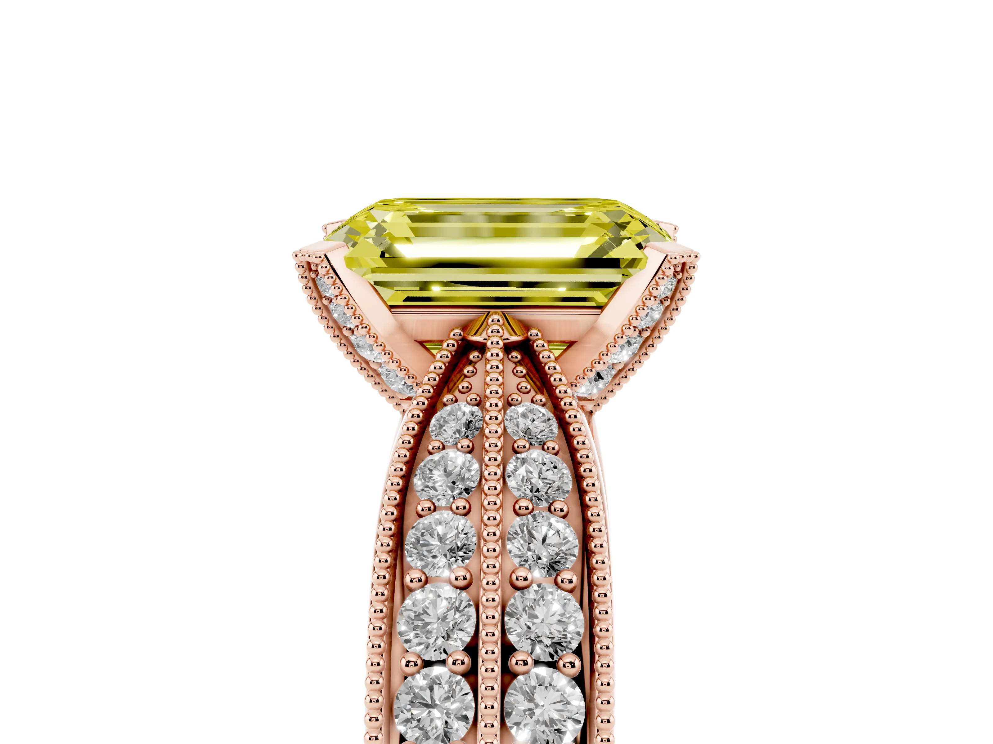 Fancy Yellow Emerald Cut Diamond Solitaire Ring Set in Rose gold with Milgrain Double Row Round Pavé Band