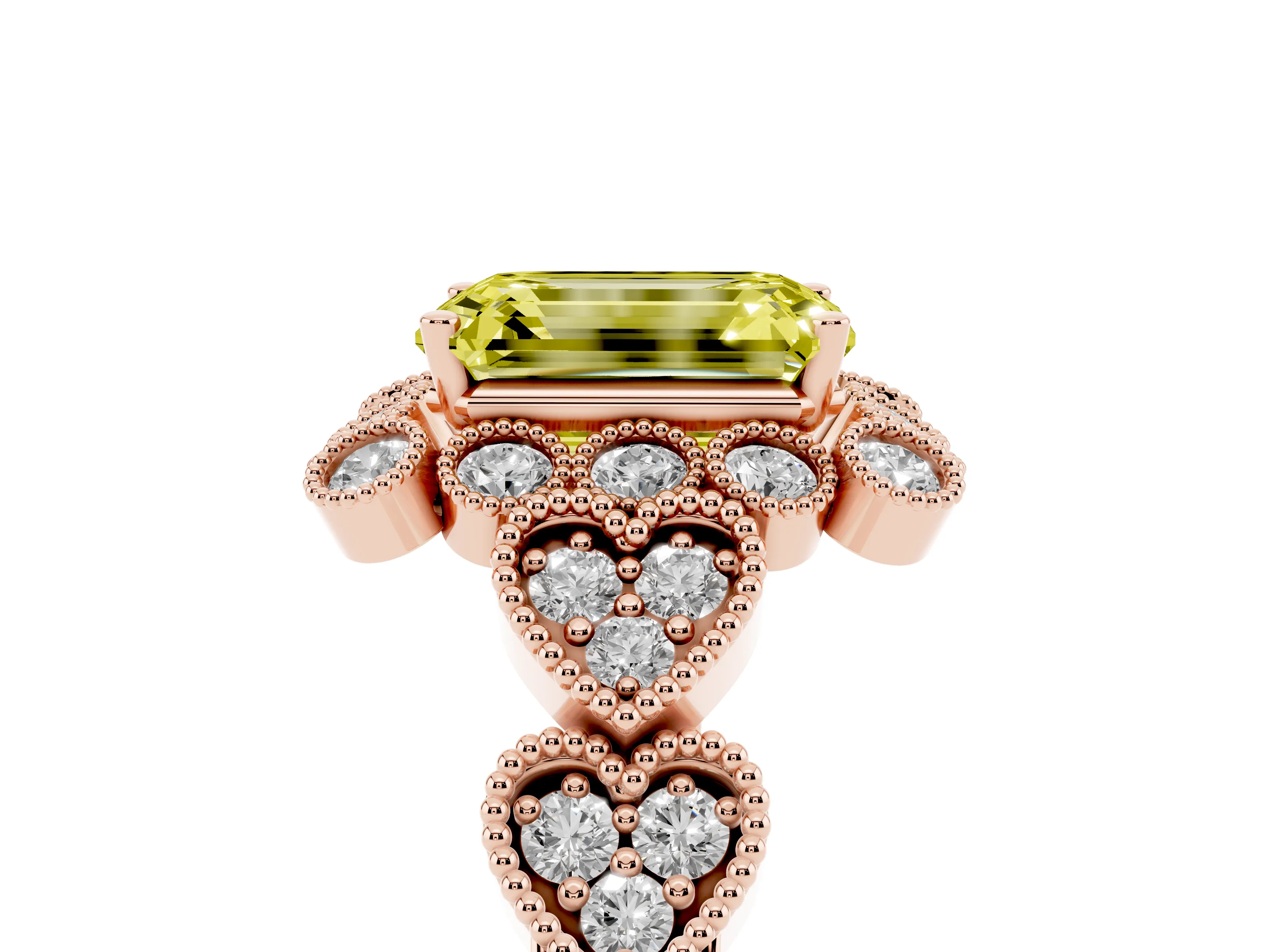 Fancy Yellow Emerald Cut Diamond Solitaire Ring Set in Rose gold with Milgrain Pavé Heart Band