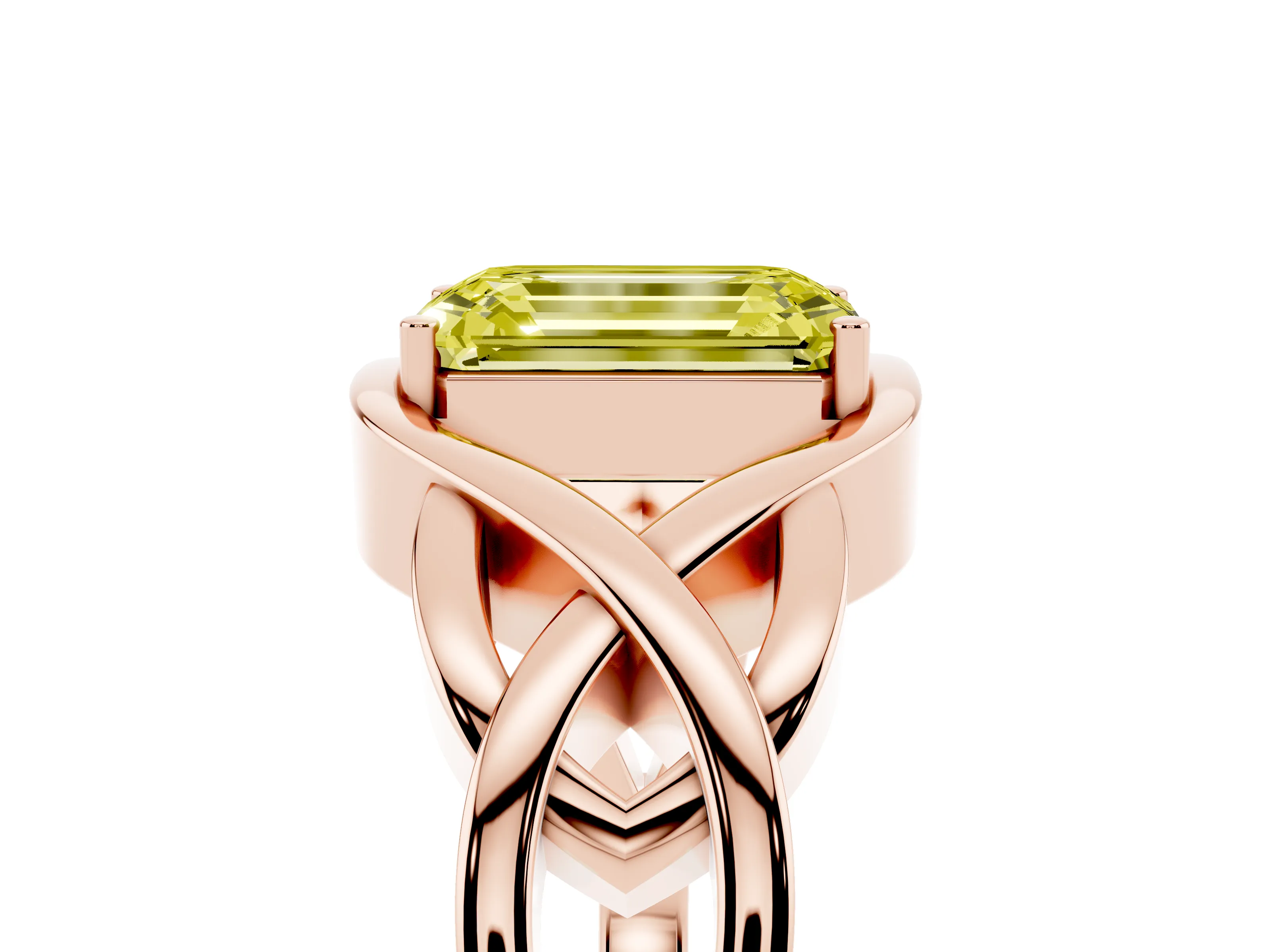 Fancy Yellow Emerald Cut Diamond Solitaire Ring Set in Rose gold with Intertwined Band
