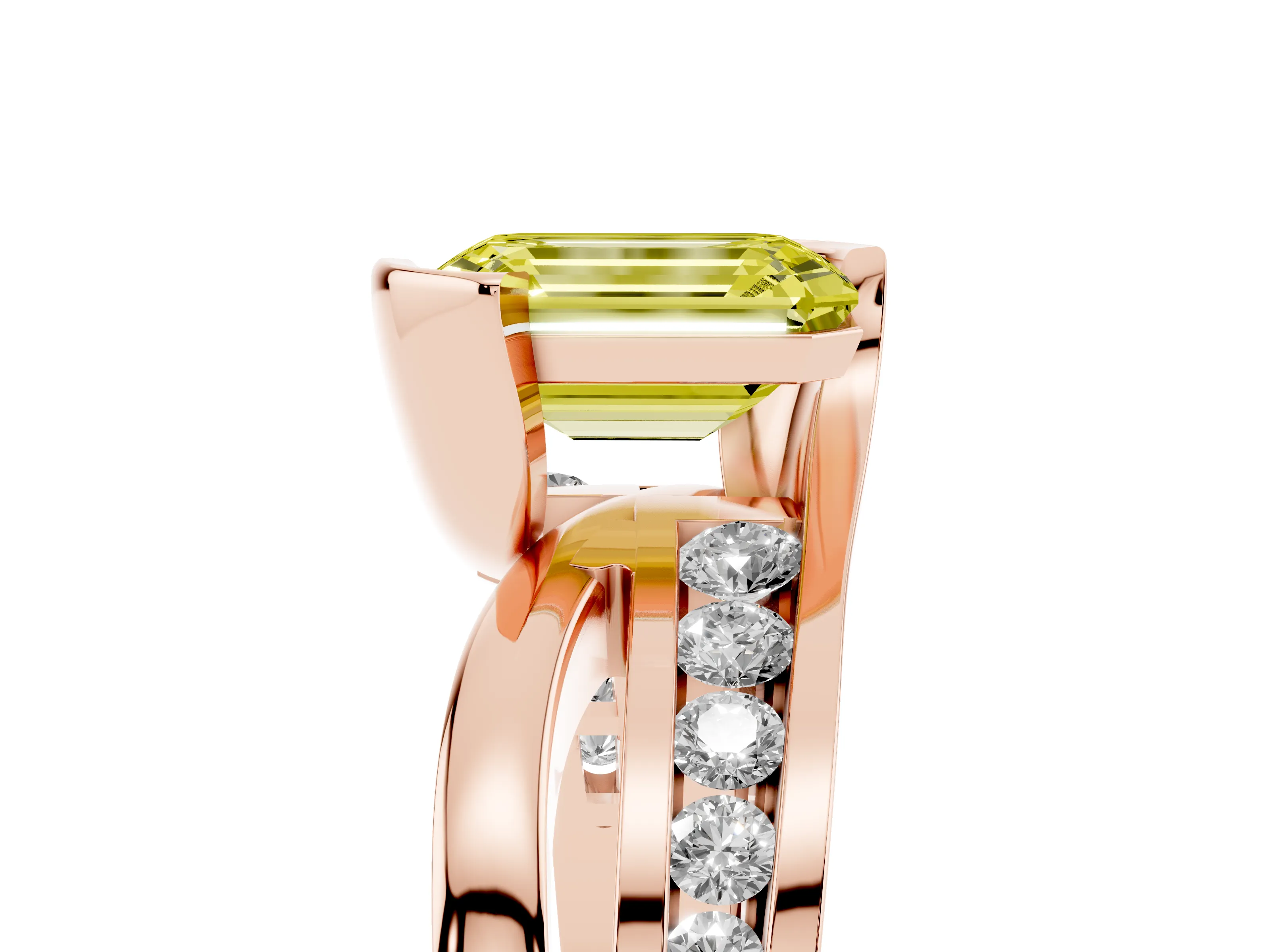 Fancy Yellow Emerald Cut Diamond Solitaire Ring Set in Rose gold with Channel Set Split Shank and Tension Prongs