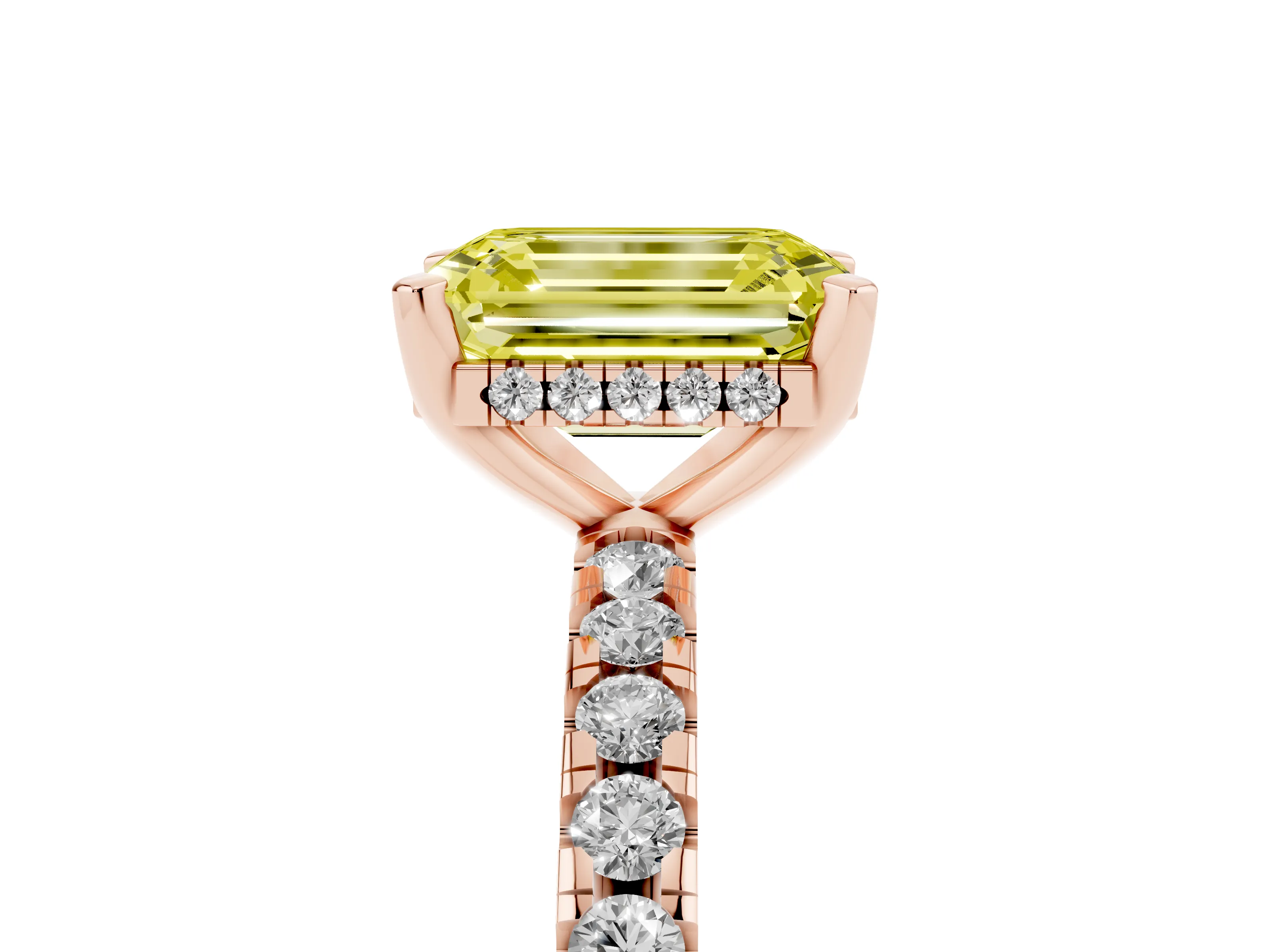Fancy Yellow Emerald Cut Diamond Pavé Solitaire Ring Set in Rose gold with Round Band Accents and Prong Setting