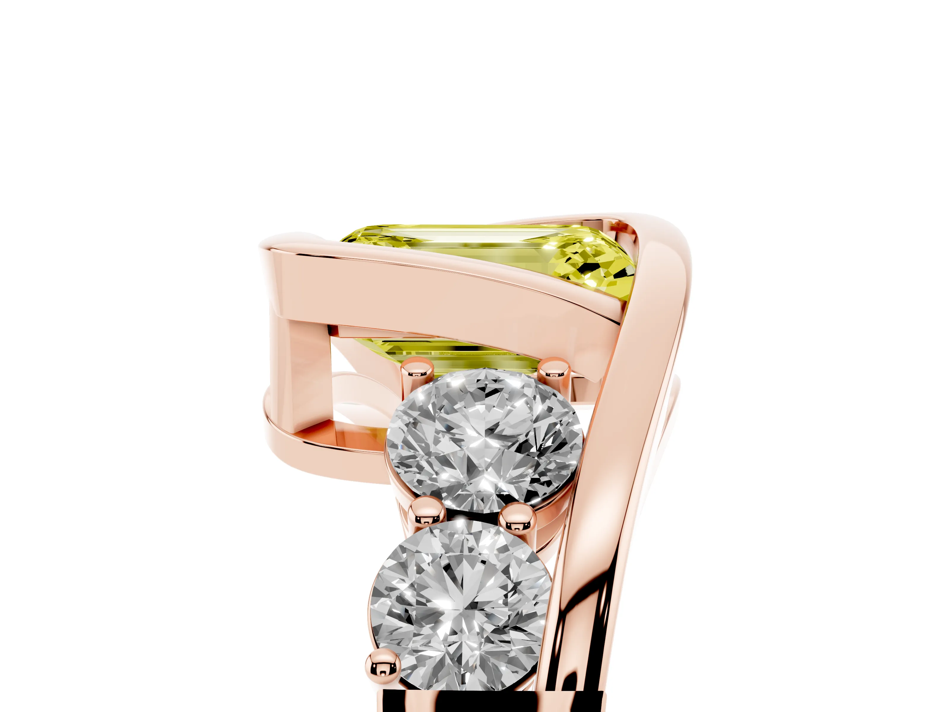 Fancy Yellow Emerald Cut Diamond Bezel Bypass Ring Set in Rose gold with Round Accents