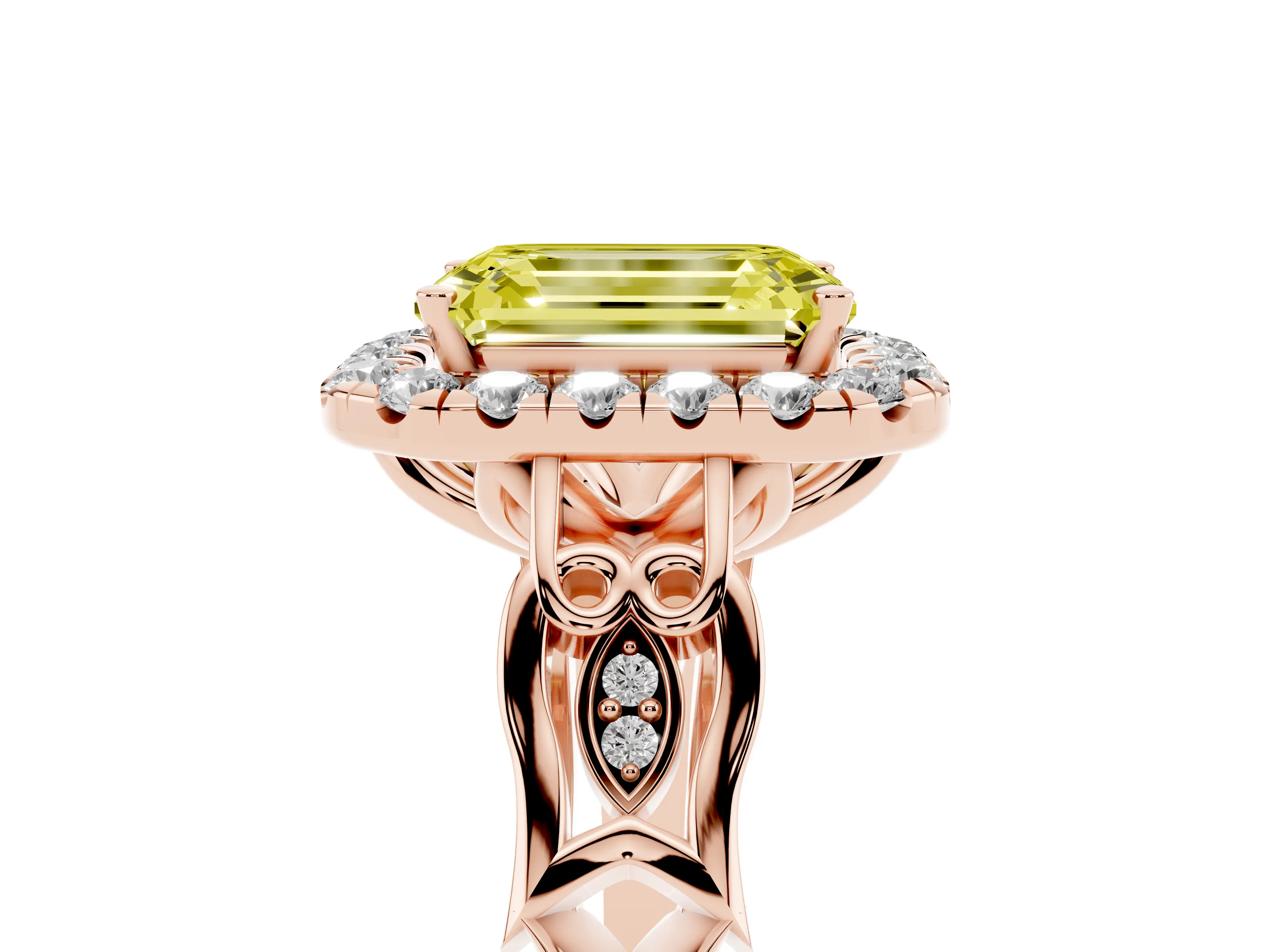 Fancy Yellow Emerald Cut Diamond Halo Engagement Ring Set in Rose gold with Filigree Band and Prong-Set Center