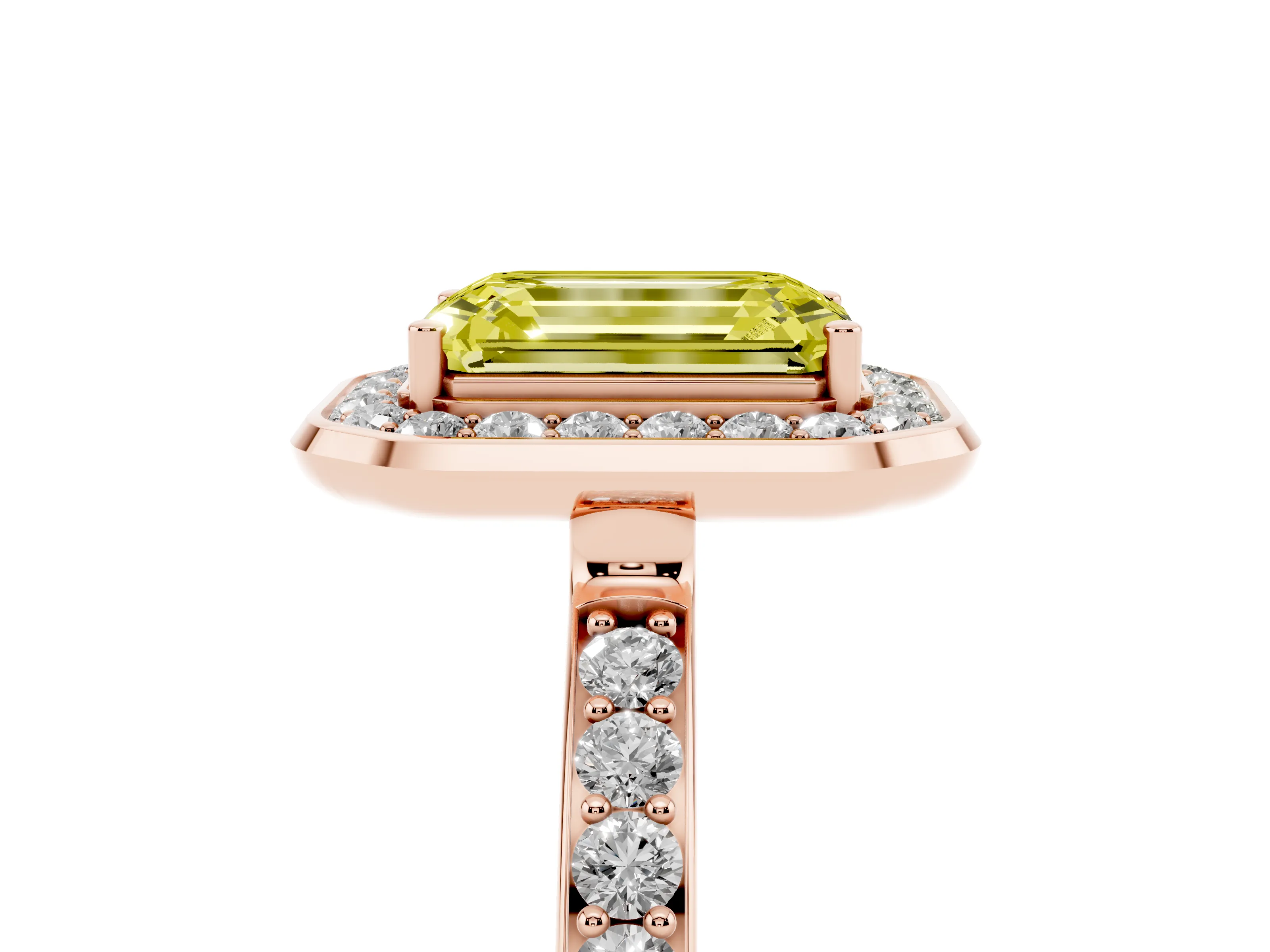 Fancy Yellow Emerald Cut Diamond Halo Ring Set in Rose gold with Bezel Frame and Pavé Band