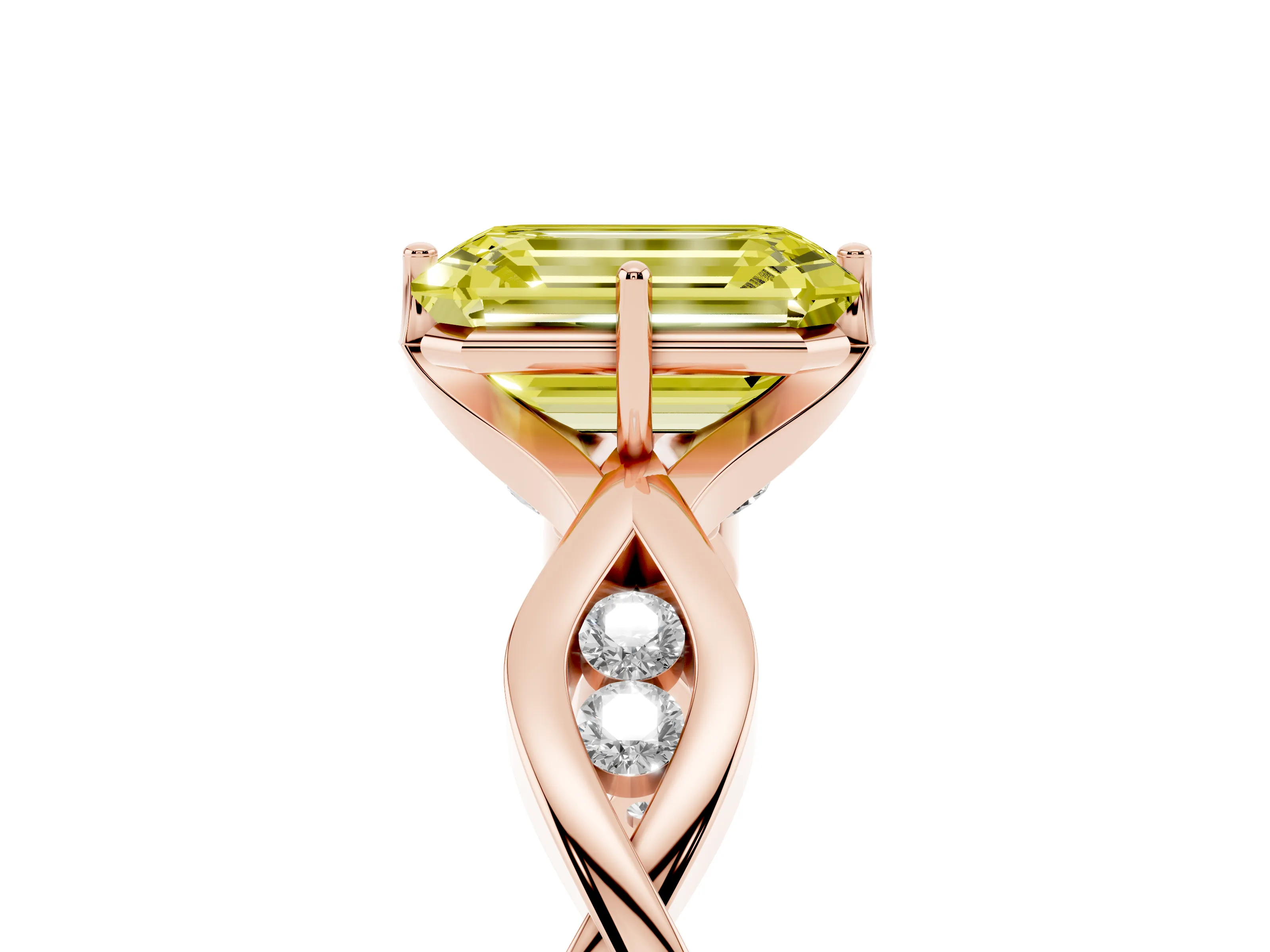 Fancy Yellow Emerald Cut Diamond Twist Band Solitaire Ring Set in Rose gold with Leaf Prong Setting and Accent Stones