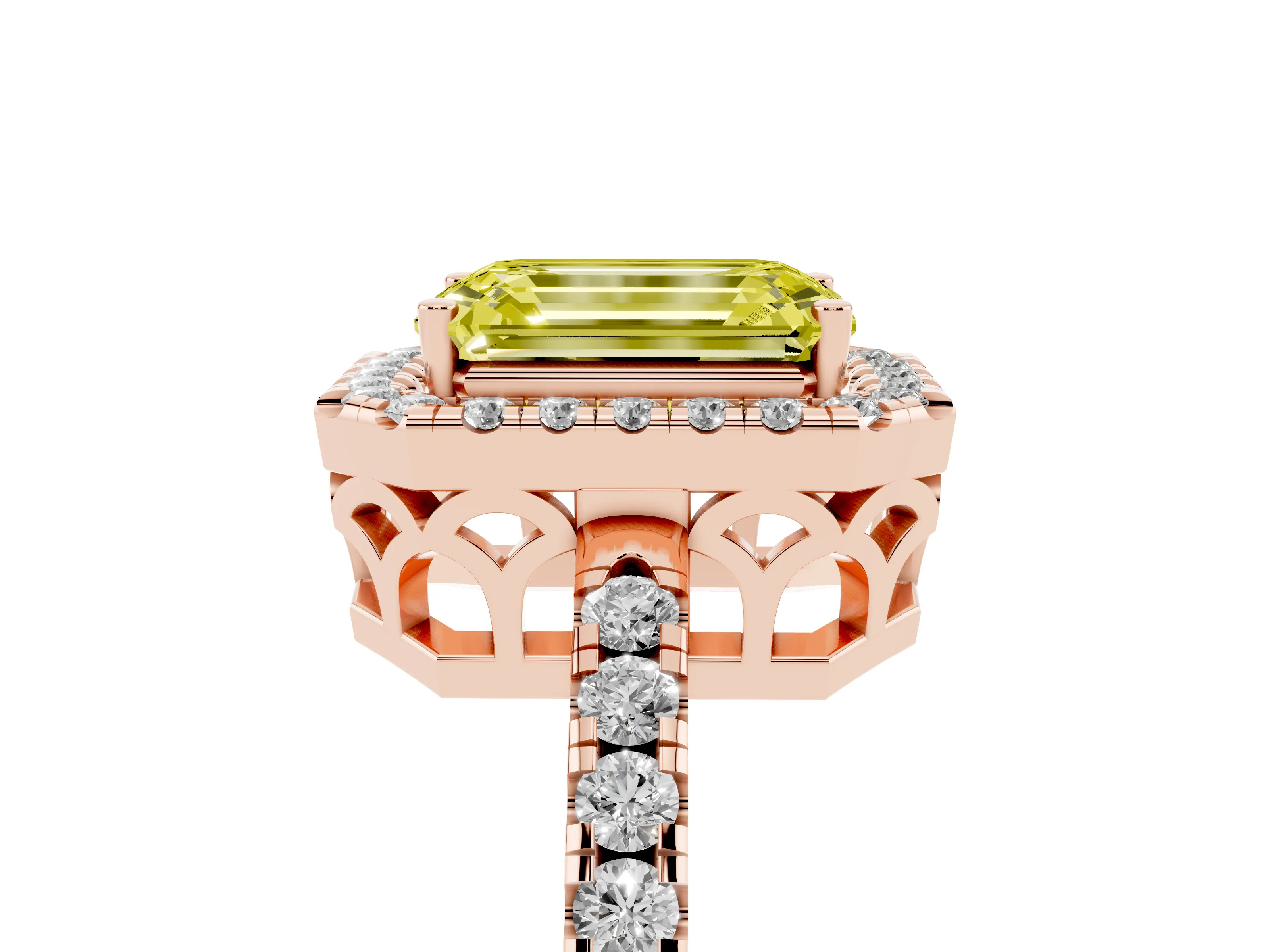 Fancy Yellow Emerald Cut Diamond Pavé Band Halo Engagement Ring Set in Rose gold with Prong Setting