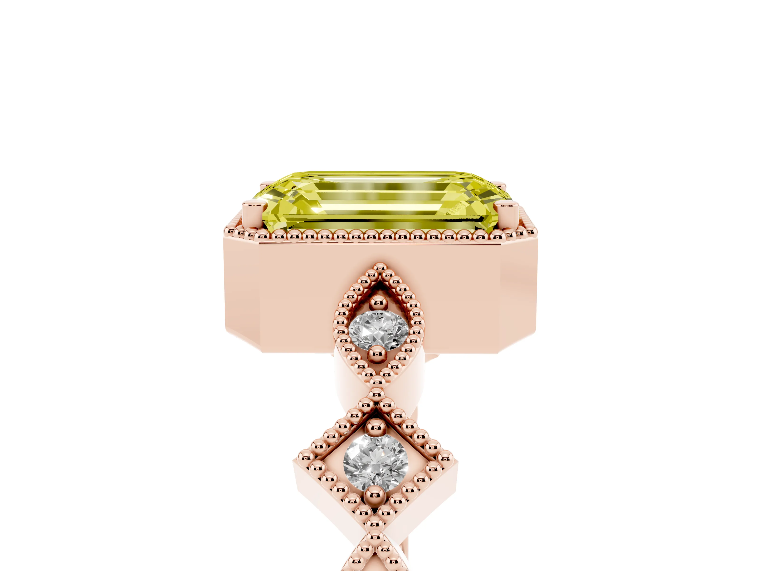 Fancy Yellow Emerald Cut Diamond Milgrain Marquise Twist Band Ring Set in Rose gold with Prong Setting