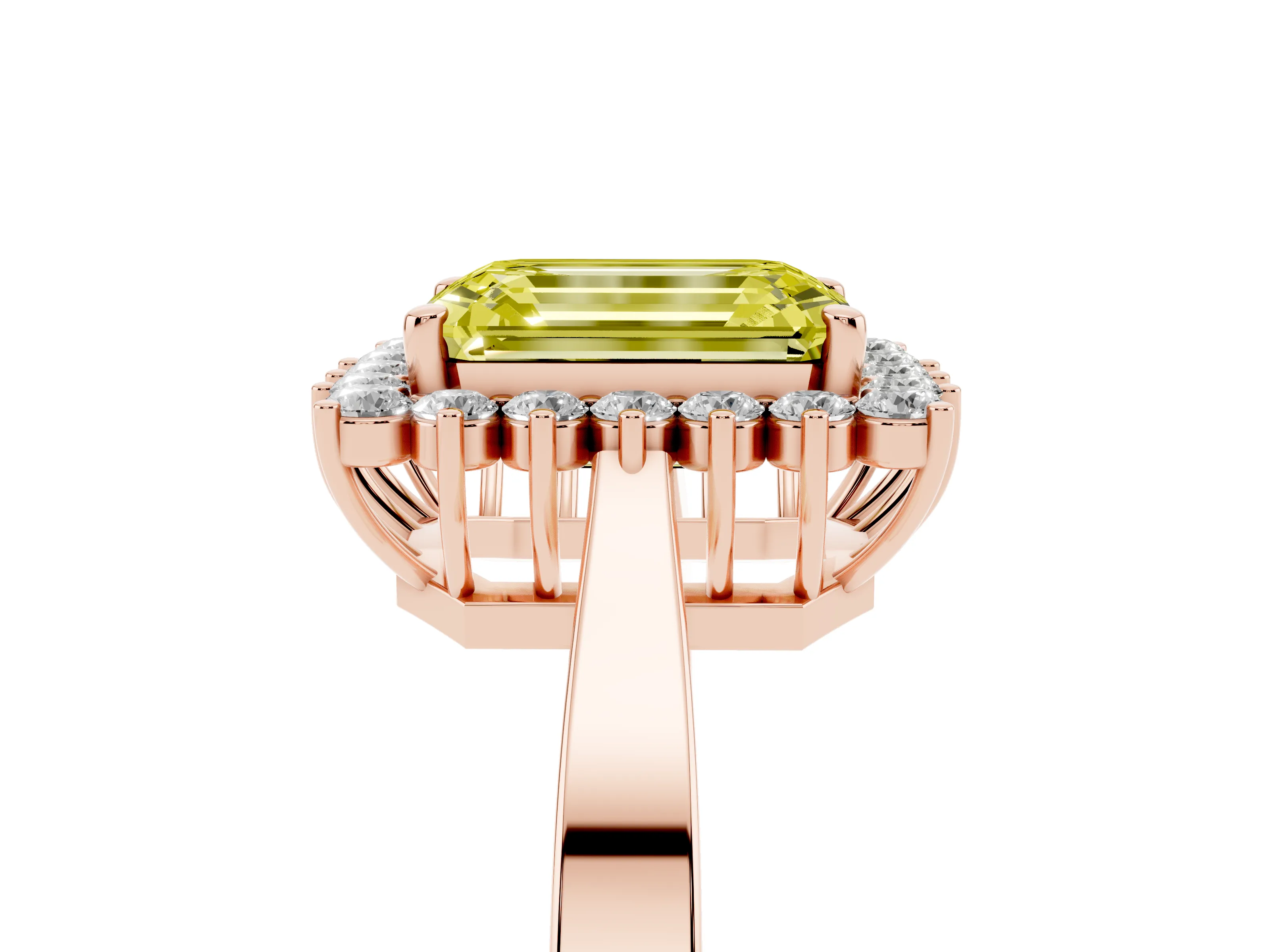 Fancy Yellow Emerald Cut Diamond Halo Ring Set in Rose gold with Round Halo and Smooth Solitaire Band