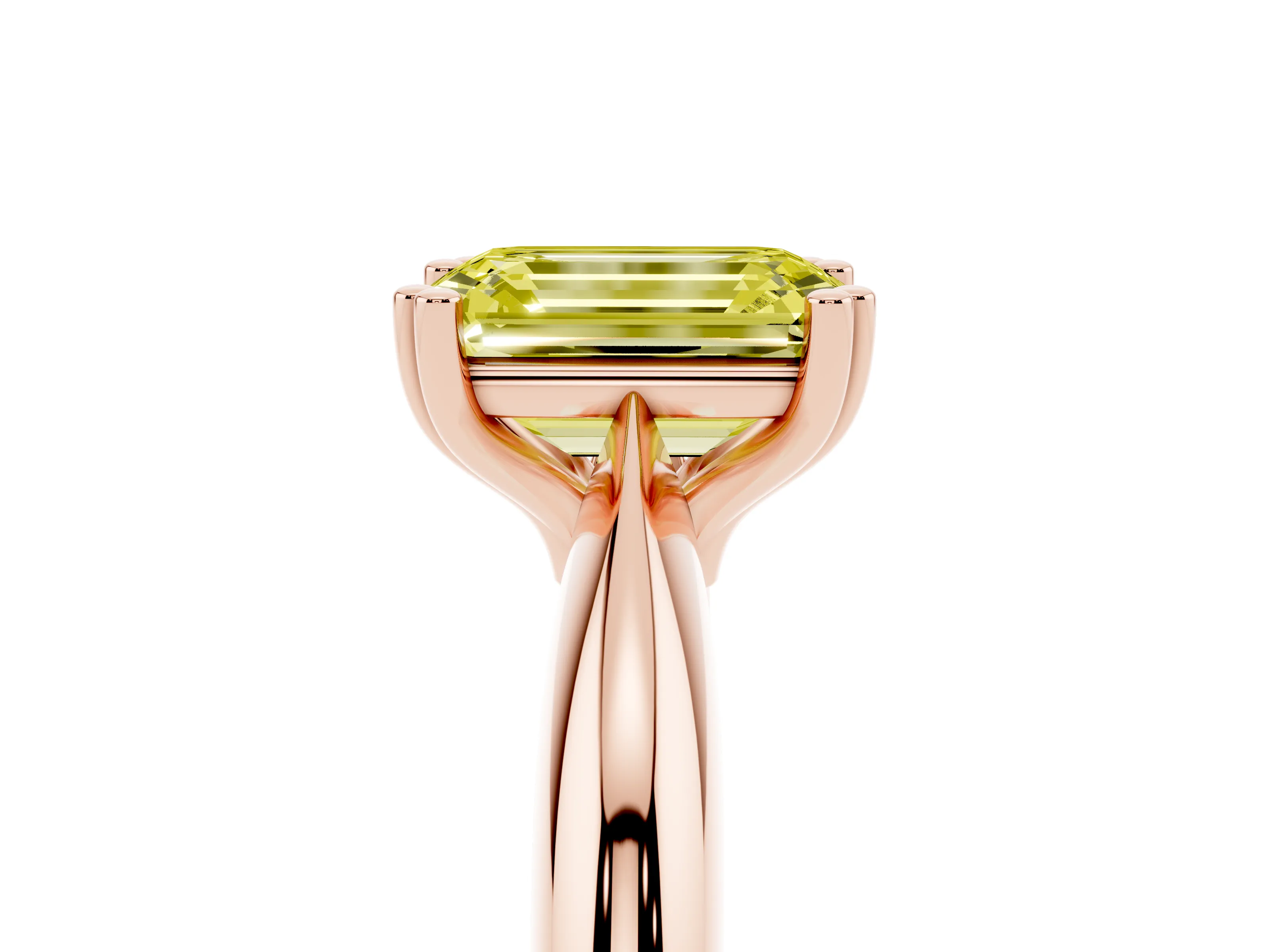 Fancy Yellow Emerald Cut Diamond Solitaire Engagement Ring Set in Rose gold with Tapered Band and Prong Setting