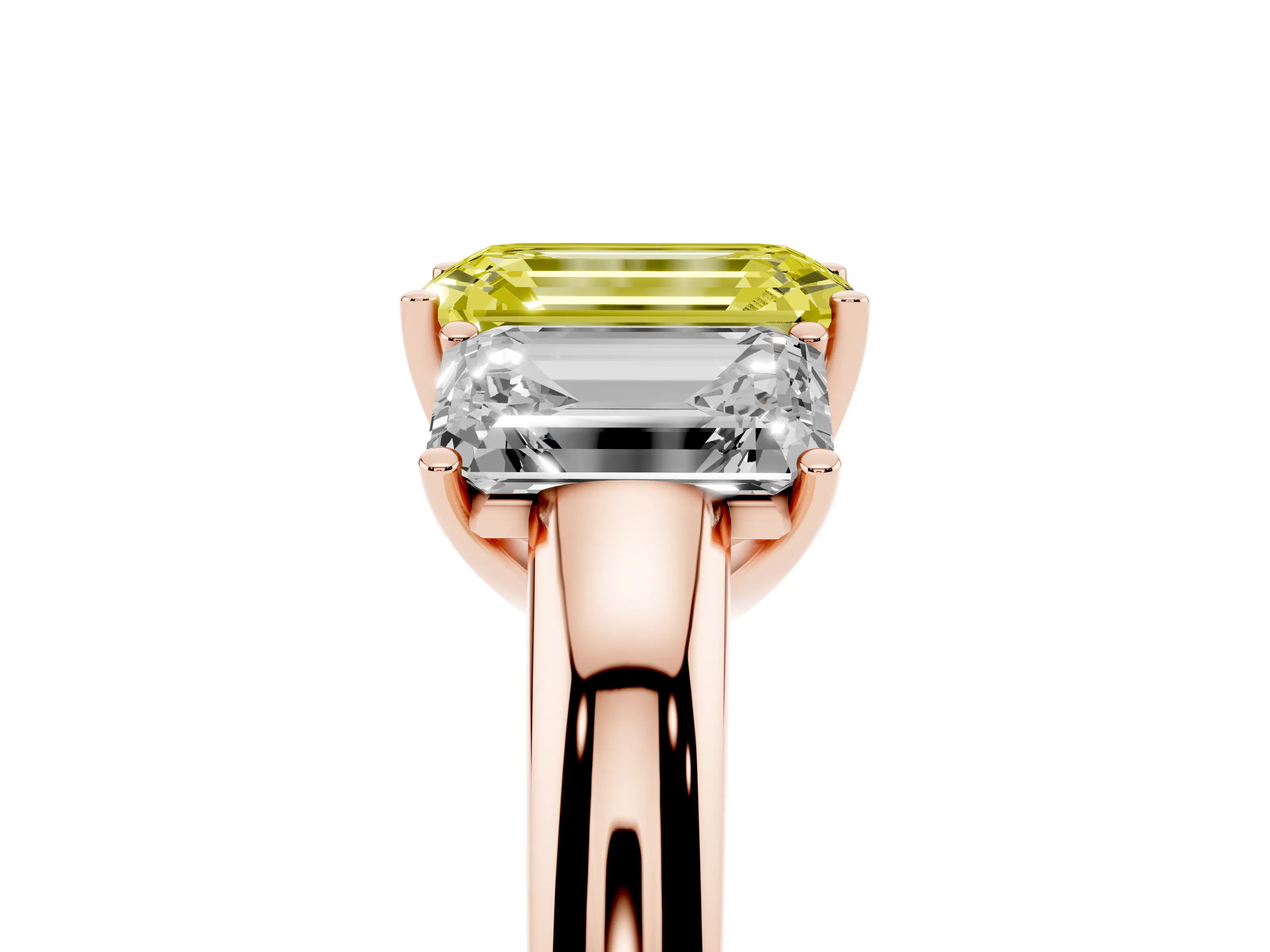 Fancy Yellow Emerald Cut Diamond Three-Stone Ring Set in Rose gold with Bold Center and Classic Band