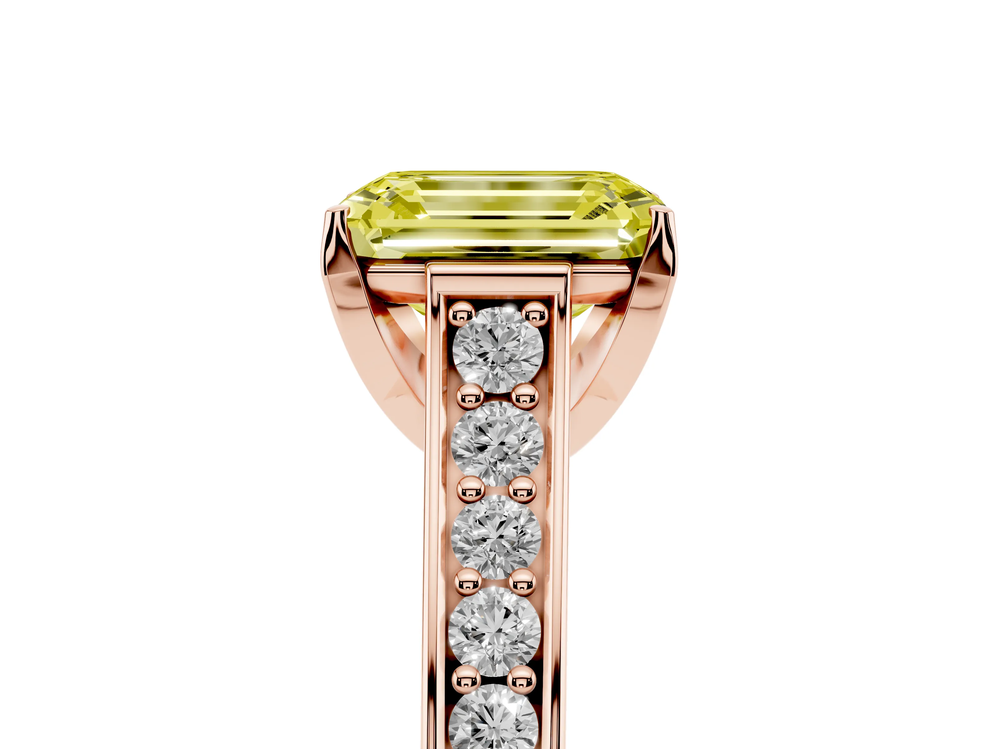 Fancy Yellow Emerald Cut Diamond Solitaire Pavé Engagement Ring Set in Rose gold with Prong Setting