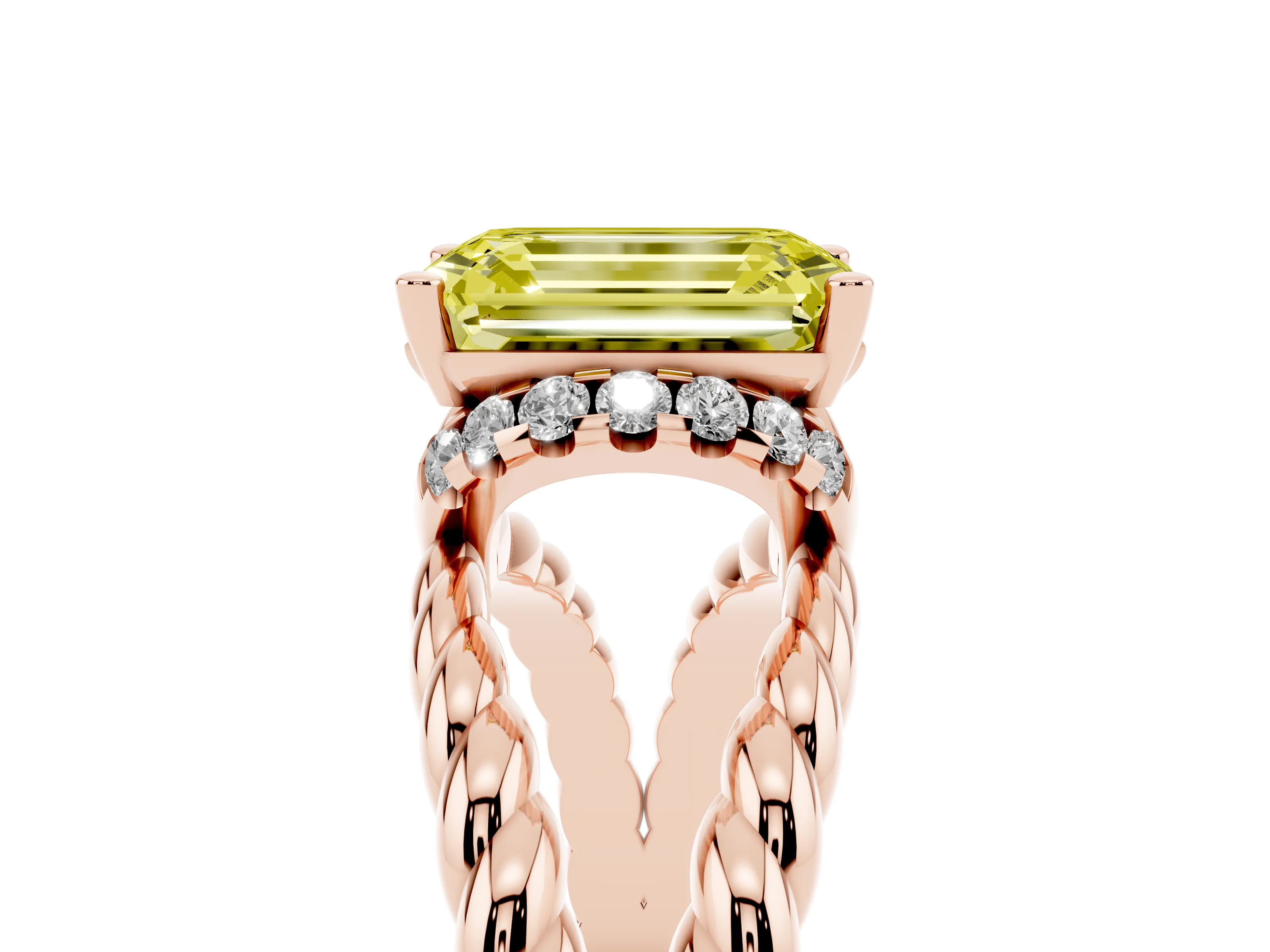 Fancy Yellow Emerald Cut Diamond Halo Ring Set in Rose gold with Twisted Band and Prong Setting