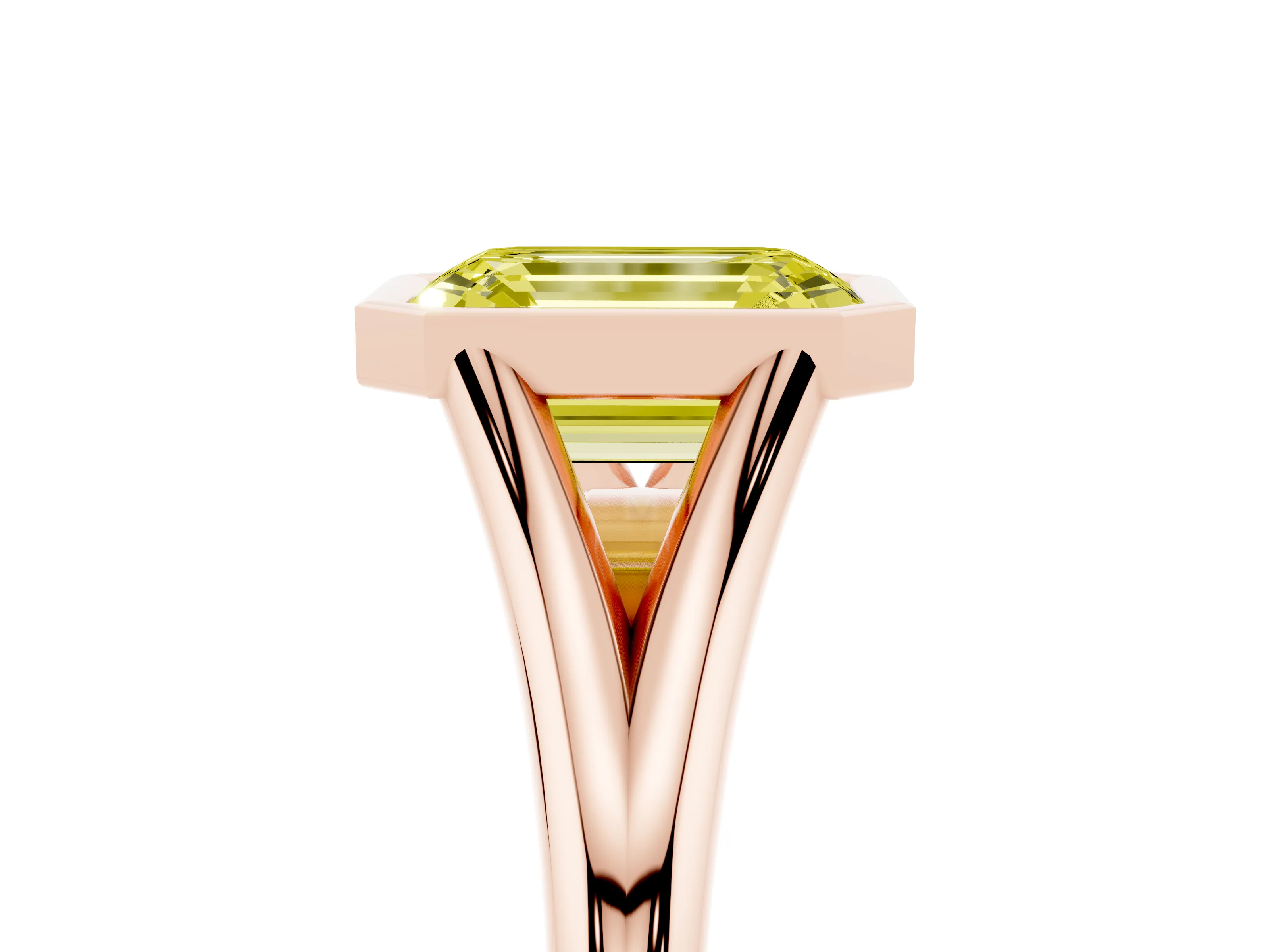Fancy Yellow Bezel Set Emerald Cut Diamond Solitaire Ring Set in Rose gold with Tapered Band