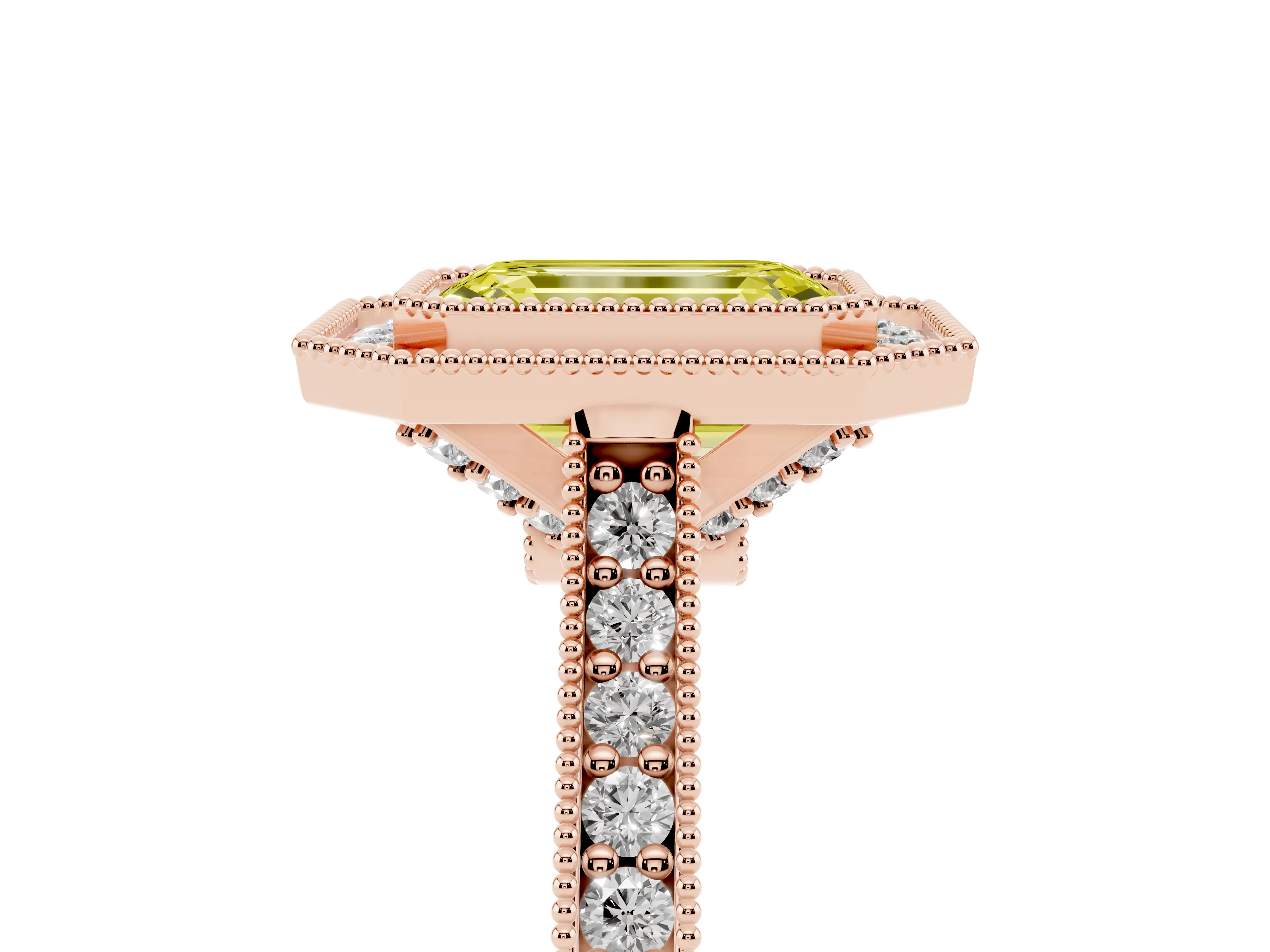 Fancy Yellow Emerald Cut Diamond Halo Milgrain Pavé Band Ring Set in Rose gold with Prong Setting