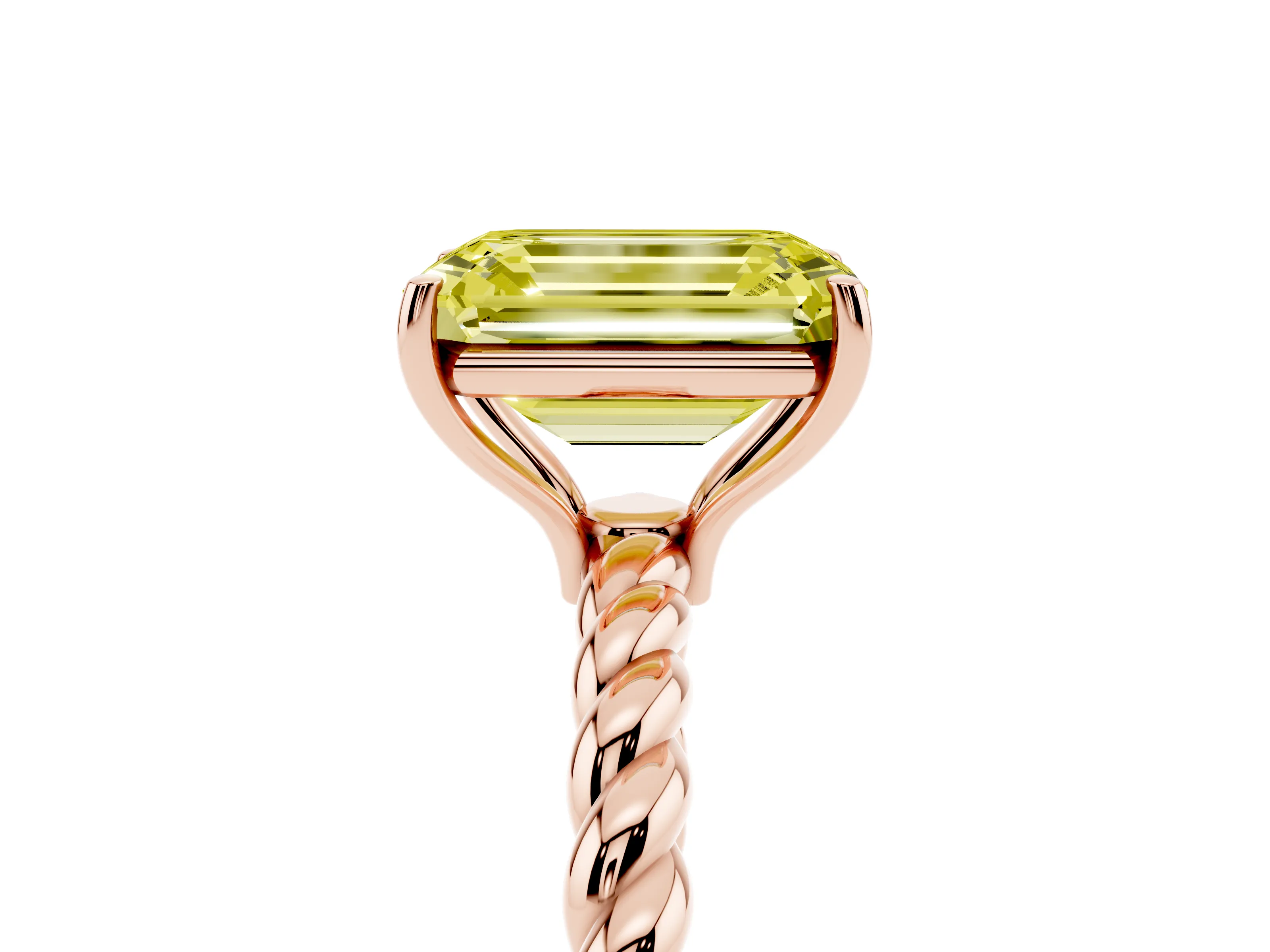 Fancy Yellow Emerald Cut Diamond Solitaire Ring Set in Rose gold with Twist Band and Prong Setting