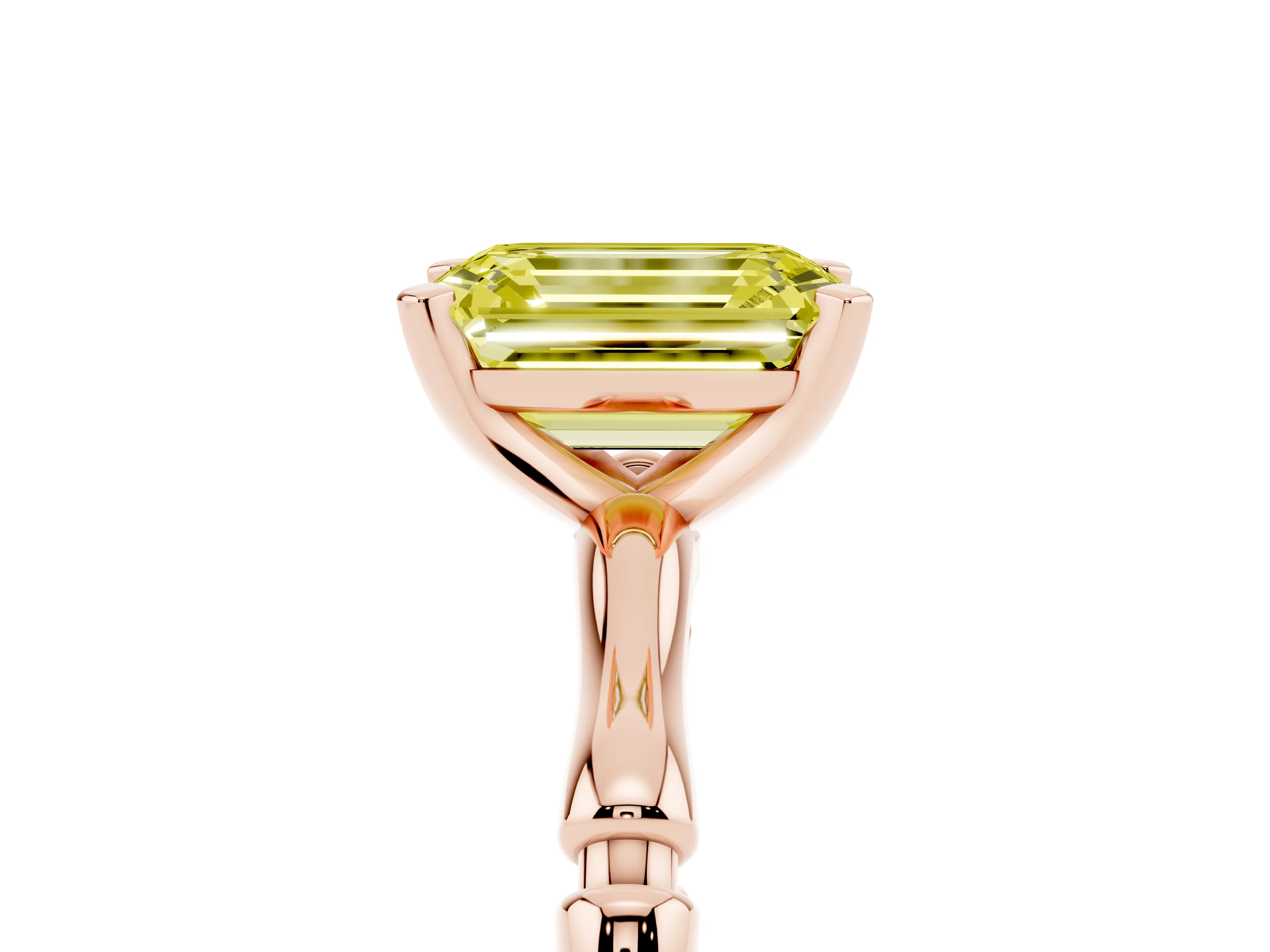 Fancy Yellow Emerald Cut Diamond Solitaire Ring Set in Rose gold with Bamboo Band and Prong Setting