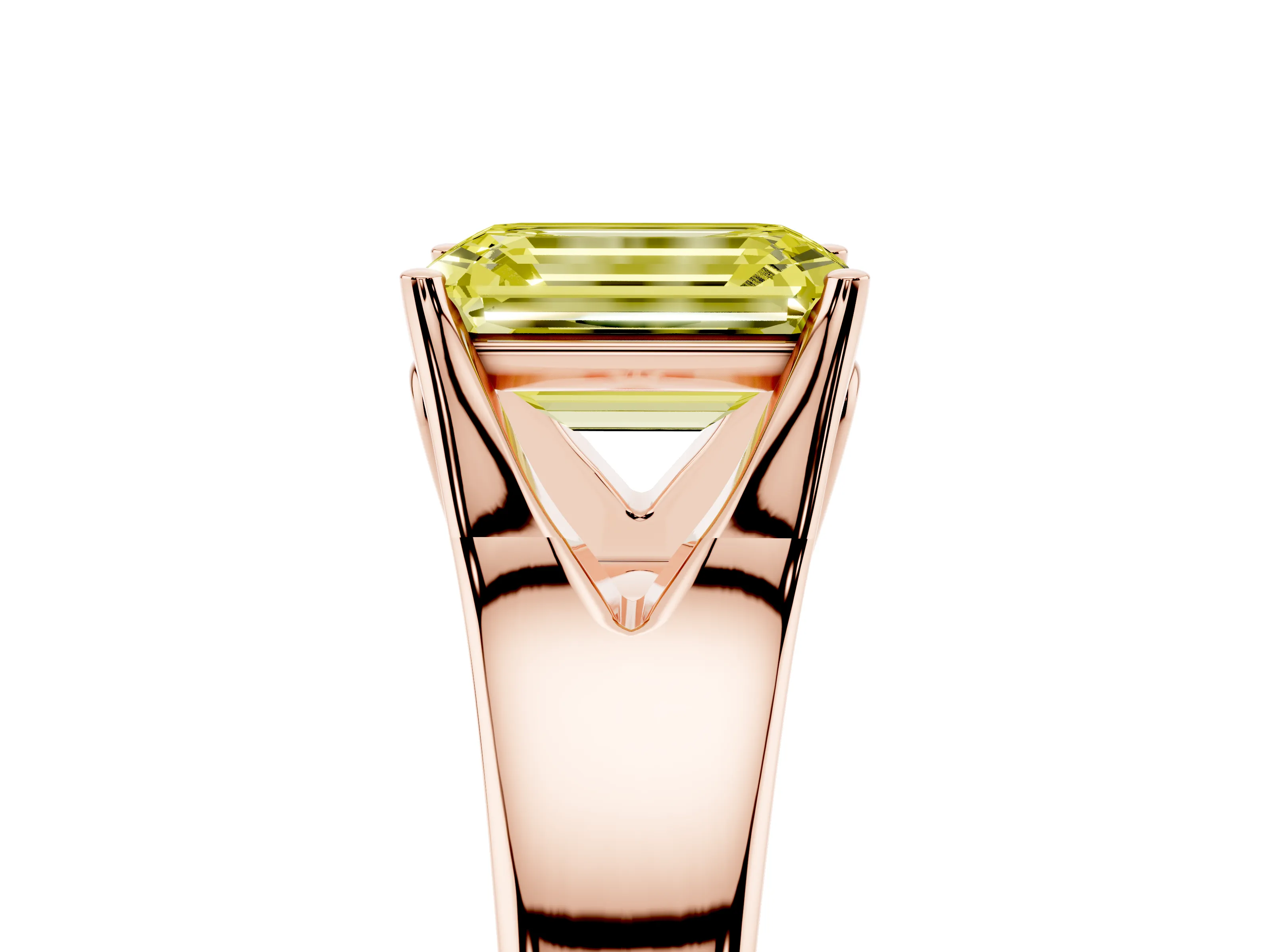 Fancy Yellow Emerald Cut Diamond Solitaire Ring Set in Rose gold with Arched Cathedral Band and Prong Setting