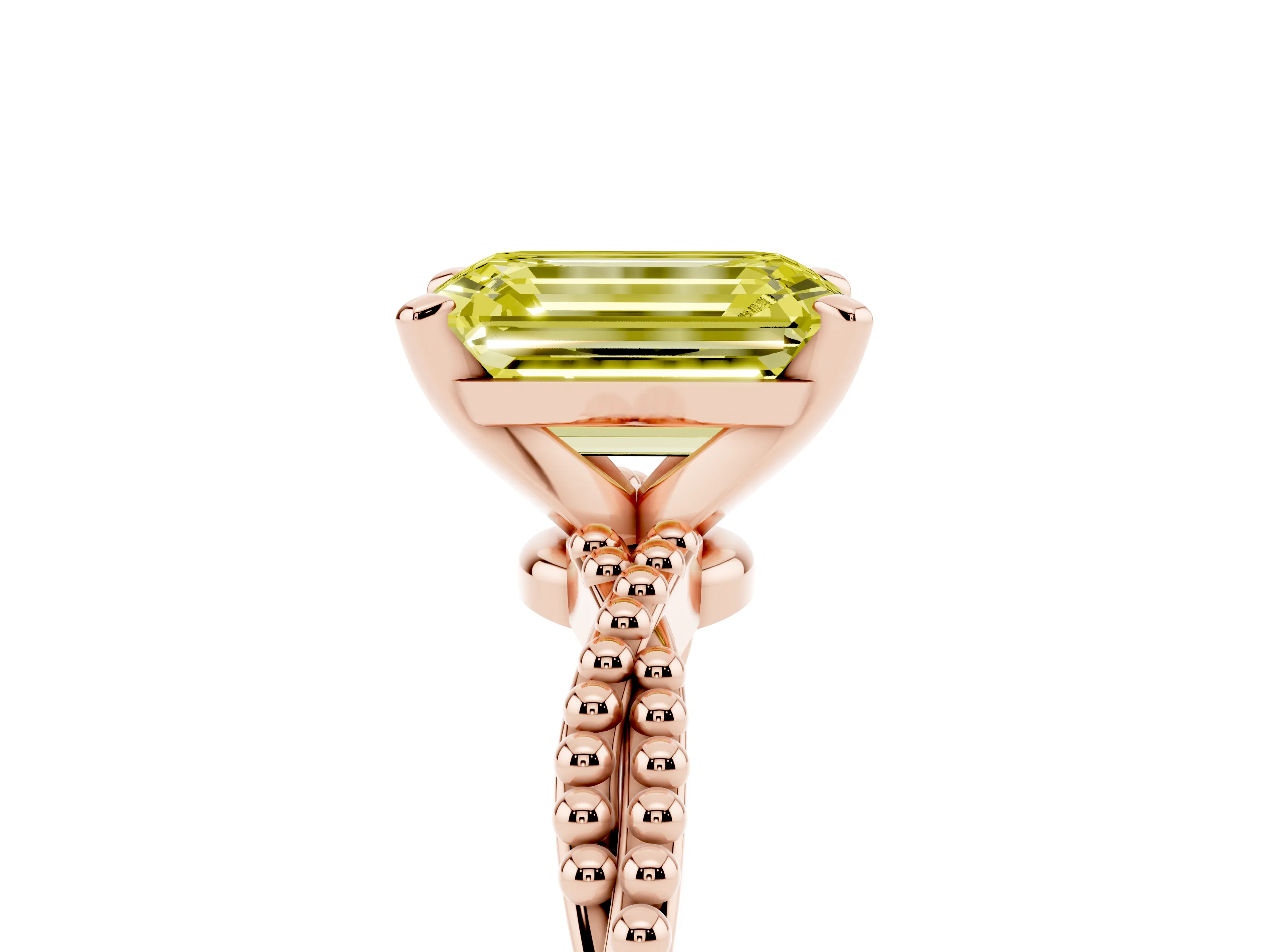 Fancy Yellow Emerald Cut Diamond Solitaire Ring Set in Rose gold with Twisted Band and Bead Prong Setting