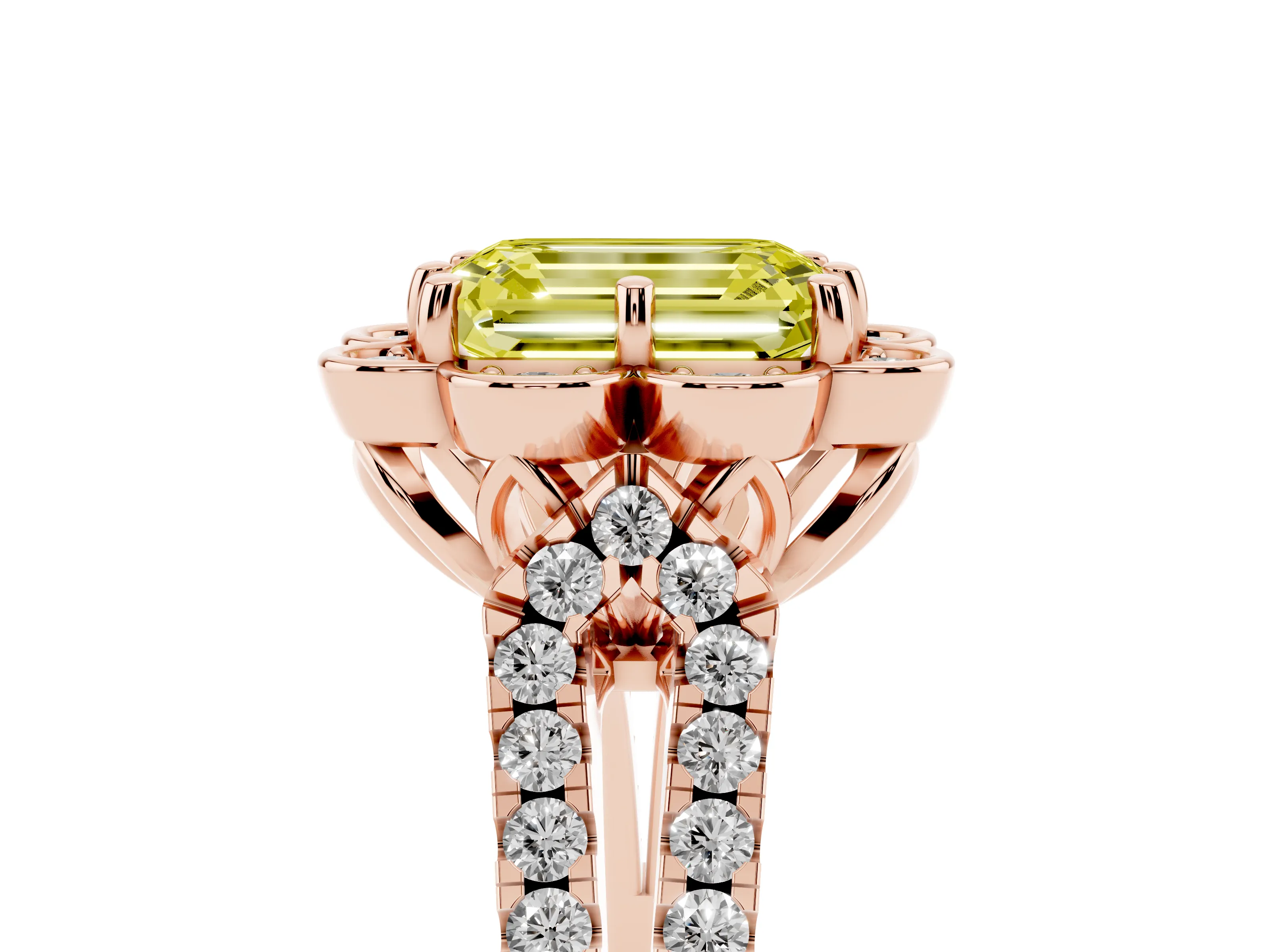 Fancy Yellow Emerald Cut Diamond Floral Halo Split Shank Engagement Ring Set in Rose gold with Pavé Shank