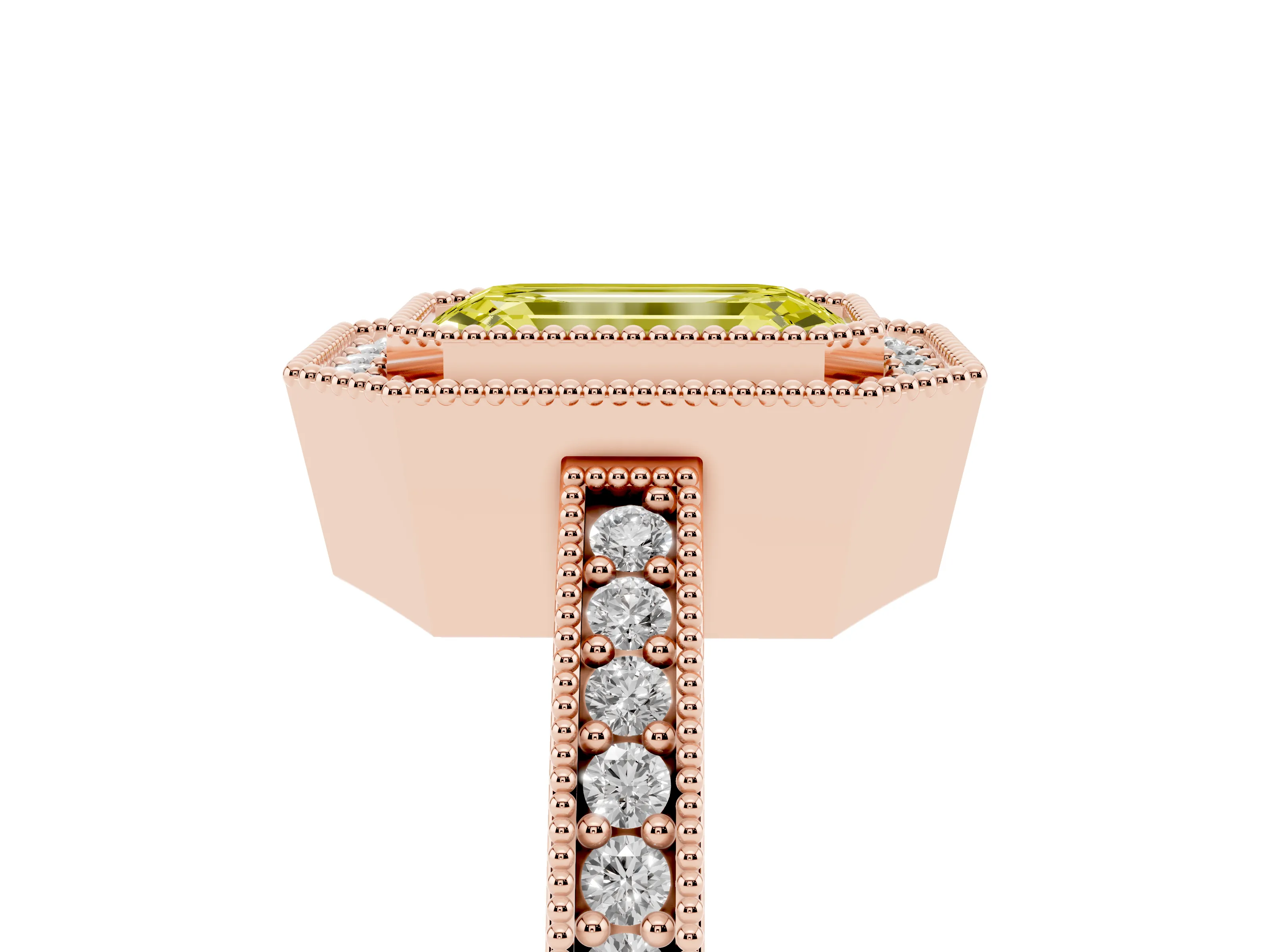 Fancy Yellow Emerald Cut Diamond Halo Engagement Ring Set in Rose gold with Pavé Band and Round Halo Stones
