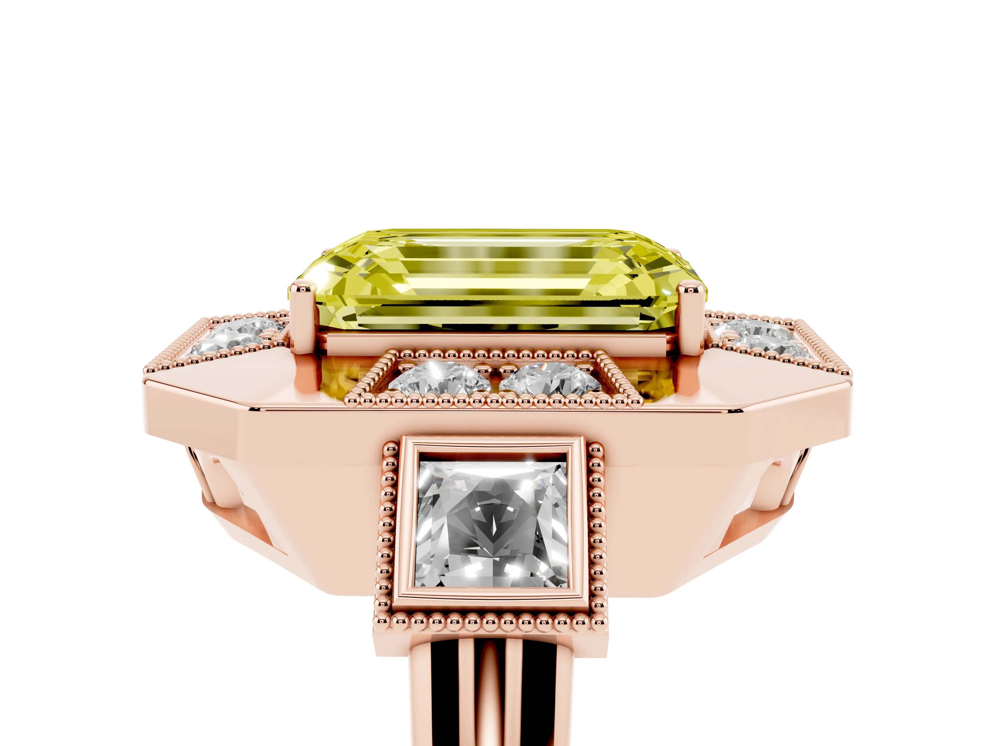 Fancy Yellow Emerald Cut Diamond Milgrain Halo Ring Set in Rose gold with Split Shank