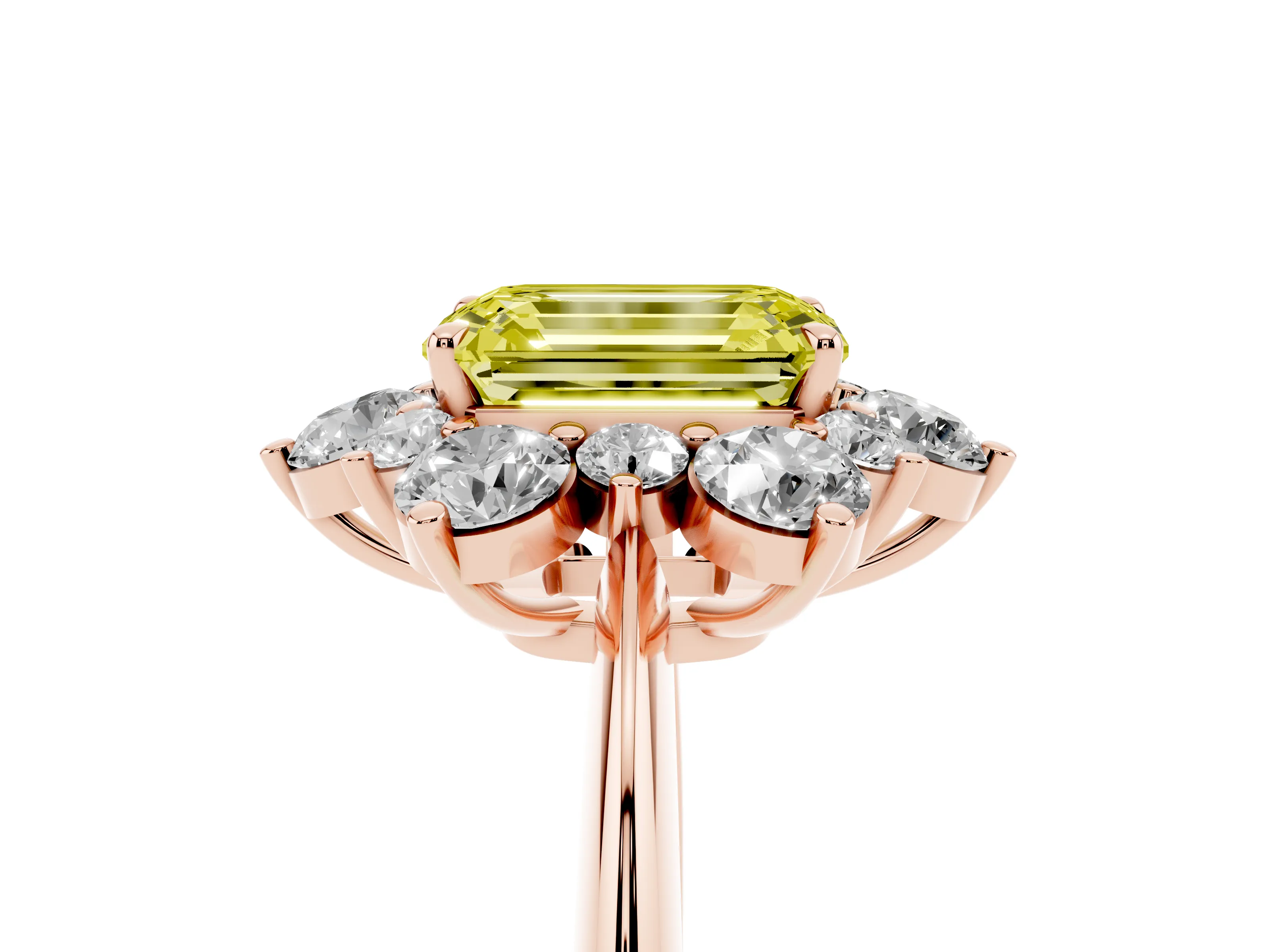 Fancy Yellow Emerald Cut Diamond Cluster Halo Ring Set in Rose gold with Solitaire Band and Prong Setting