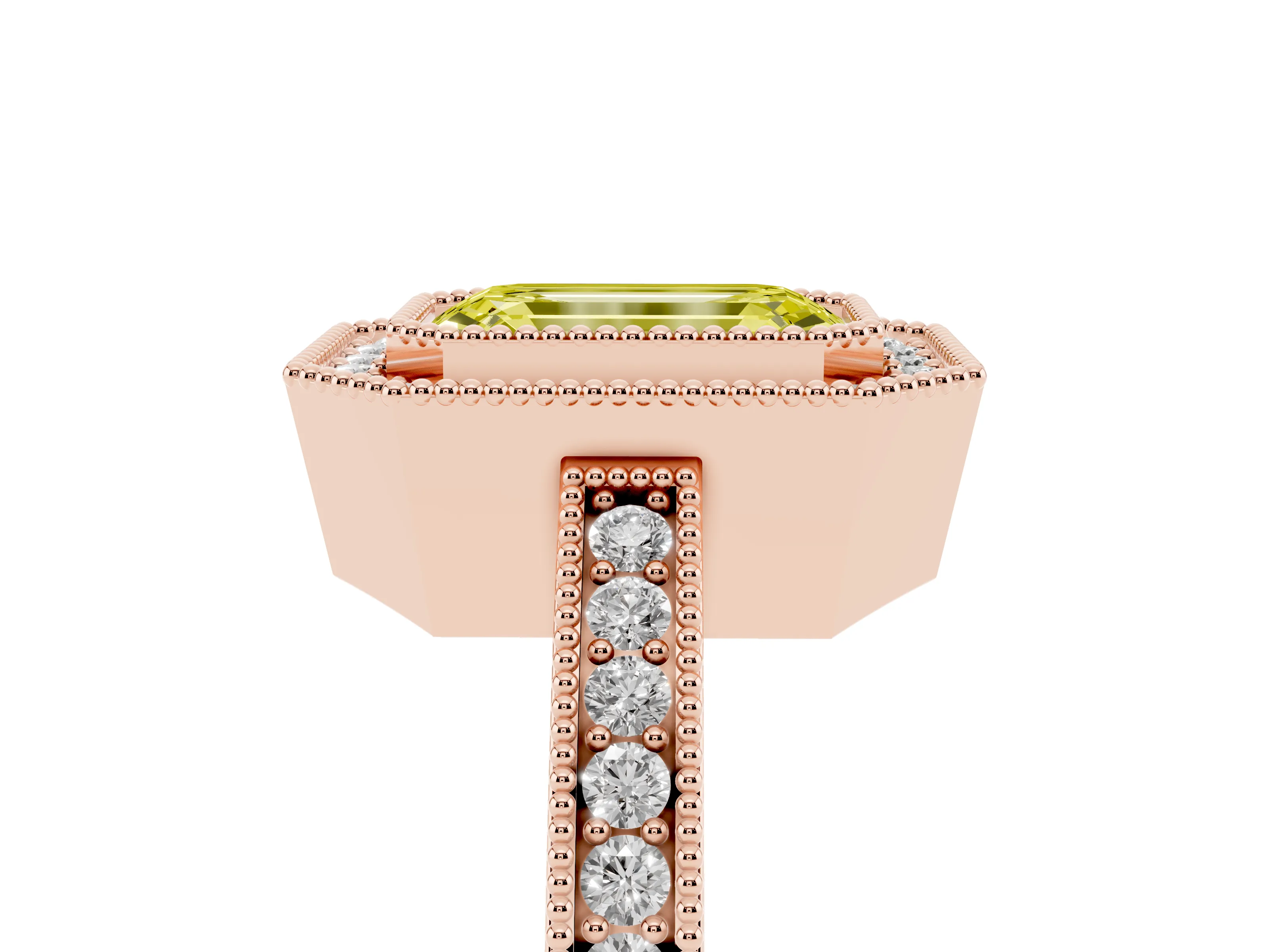 Fancy Yellow Emerald Cut Diamond Round Halo Ring Set in Rose gold with Pavé Band